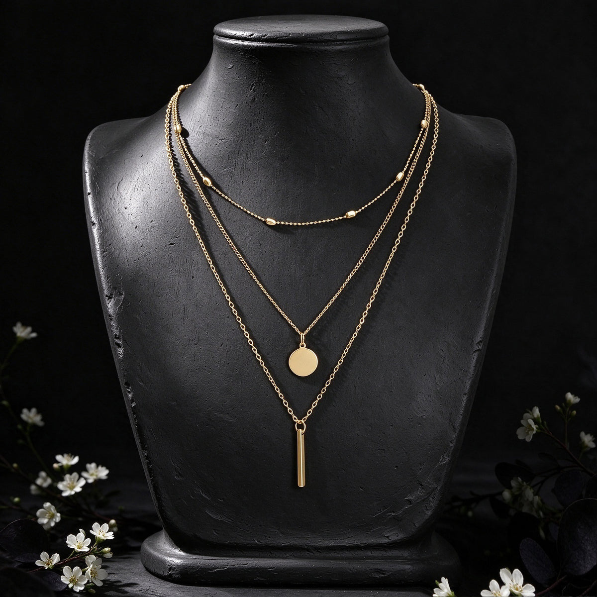 3pcs Minimalist Gold Layered Necklace Beads Disc Bar Decor Daily Party Jewellery