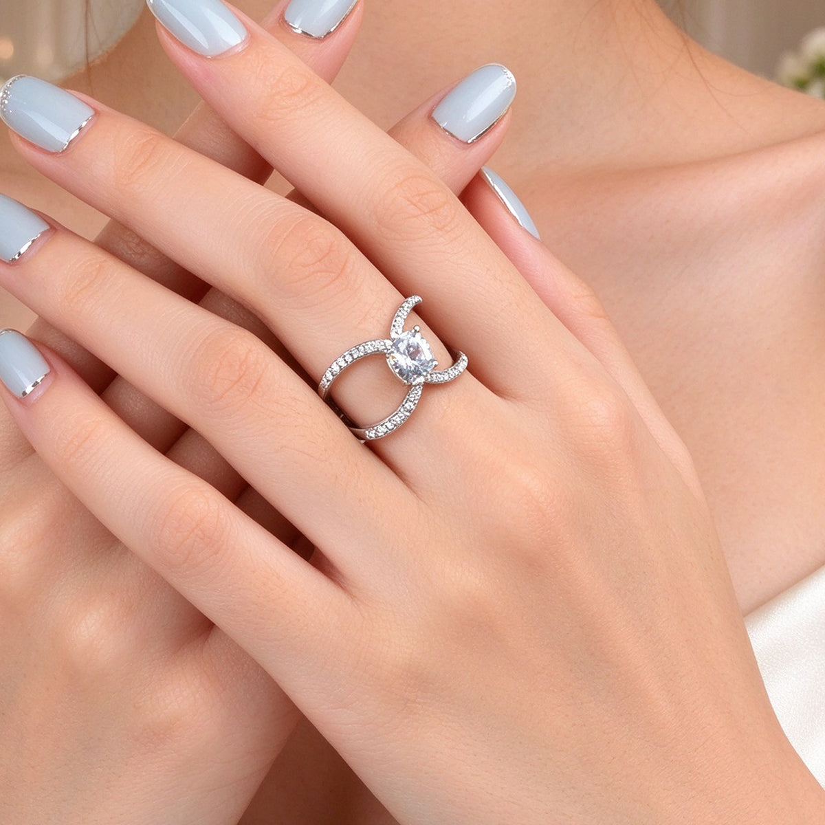 Luxury Imitation Diamond Silver Split Shank Ring Statement Wedding Party Jewelry