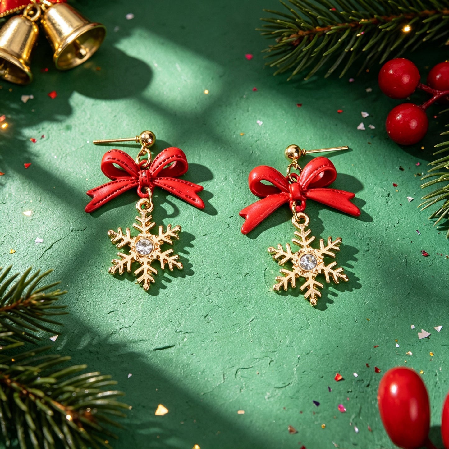 Christmas Sweet Red Bow Gold Snowflake Dangle Earring Xmas Holiday Party Jewelry