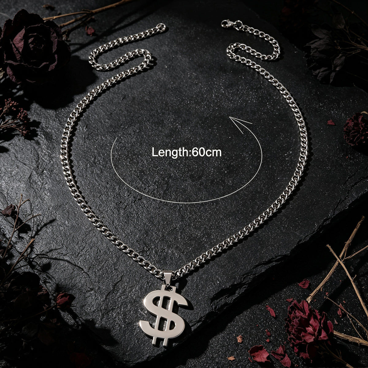 Street Style Silver Dollar Sign Pendant Cuban Chain Necklace Personality Jewelry