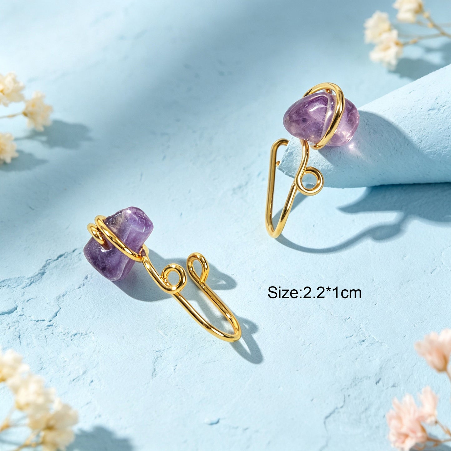 2pcs Gold Ear Cuffs No Piercing Imitate Amethyst Stone Earrings Fashion Jewelry