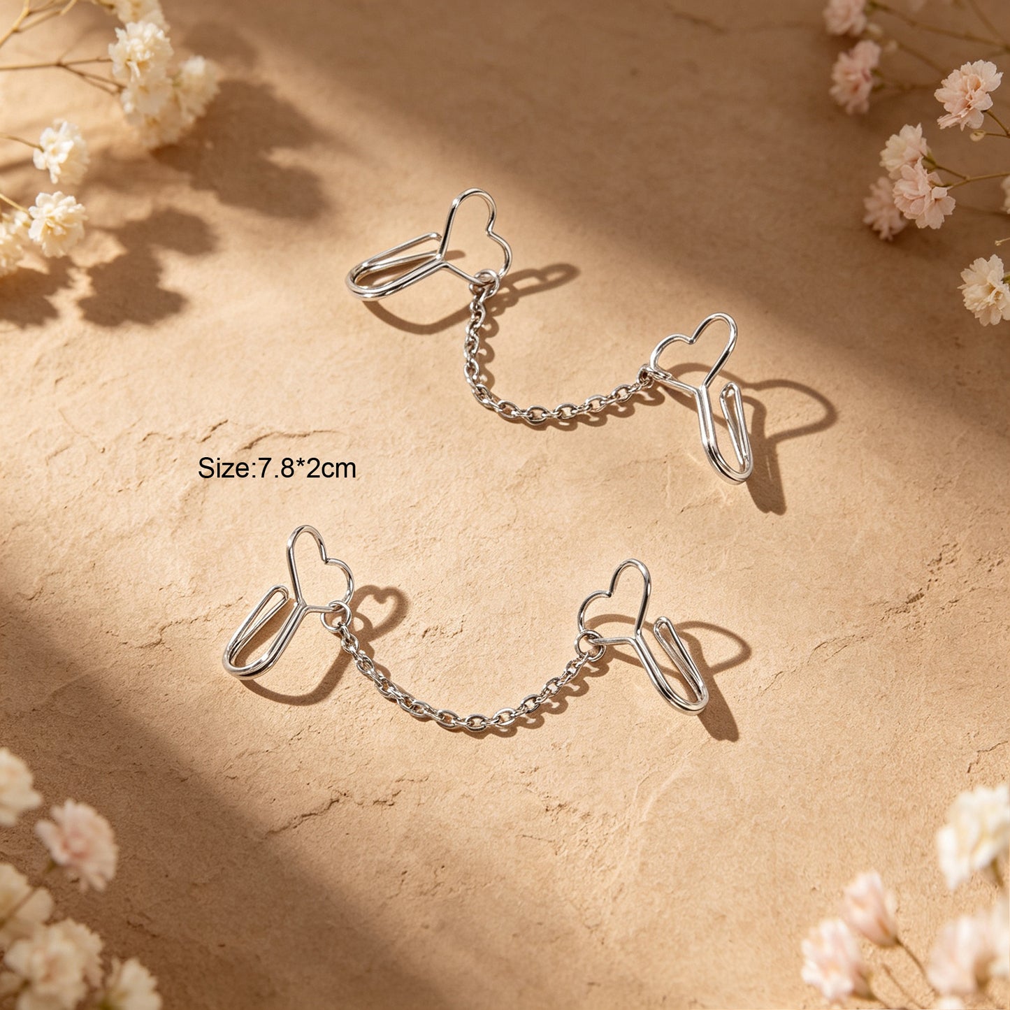 2pcs Heart Silver Chain Clip‑on Ear Cuffs No Piercing Fashion Vintage Earrings