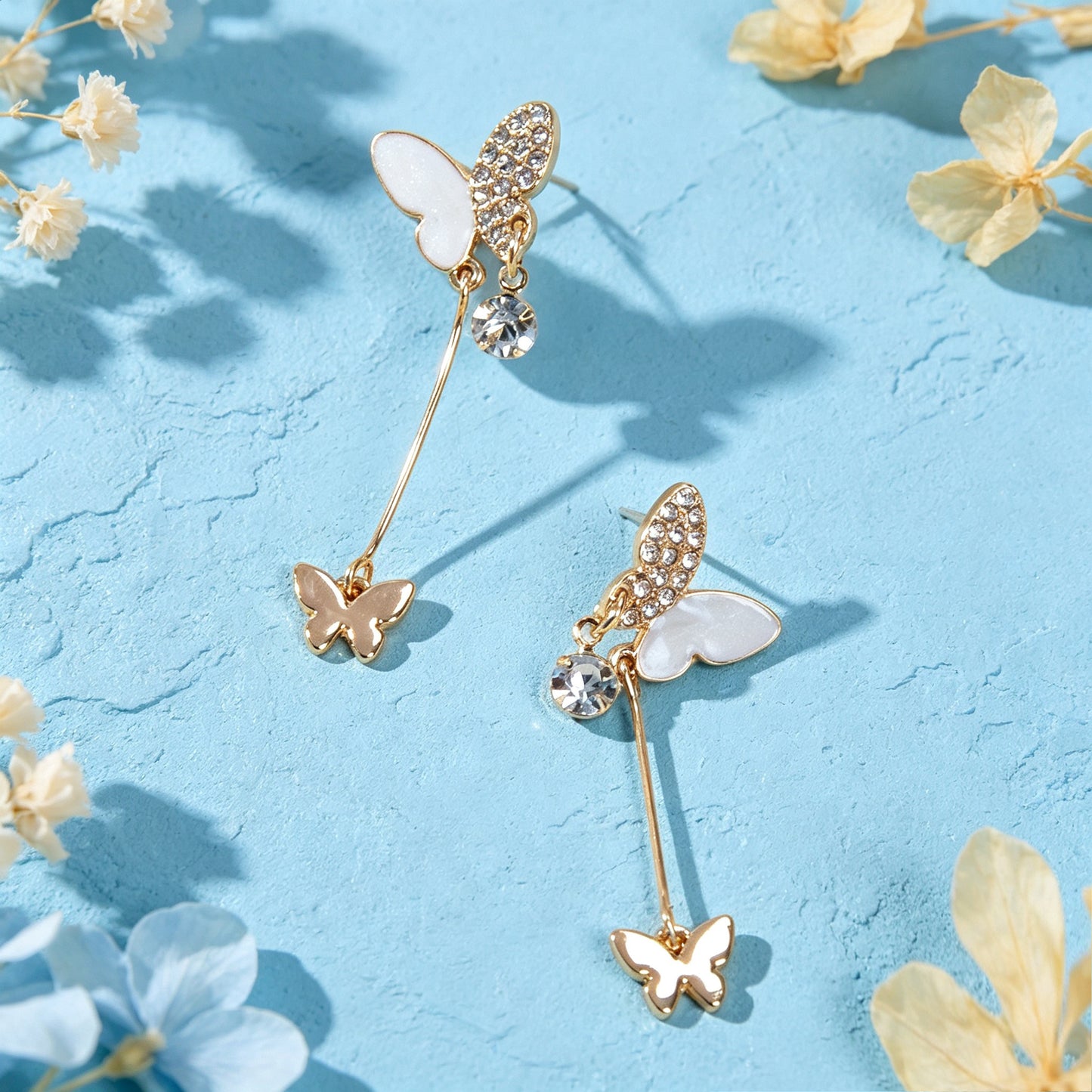 Gold Shiny Double Butterfly Long Dangle Earrings Exquisite Evening Party Jewelry