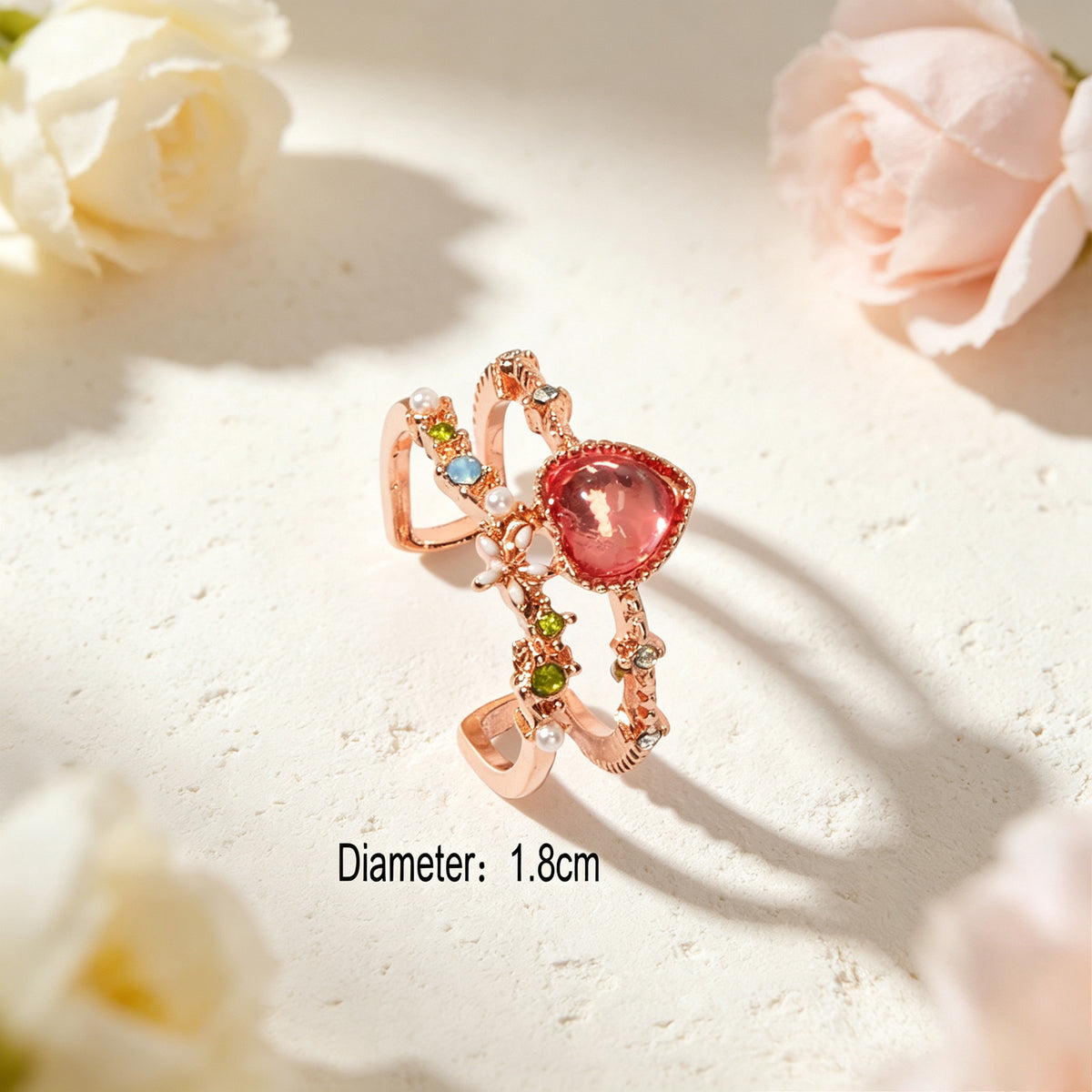 Luxuriant Colorful Rhinestone Imitation Pearl Heart Rose Gold Open Finger Ring