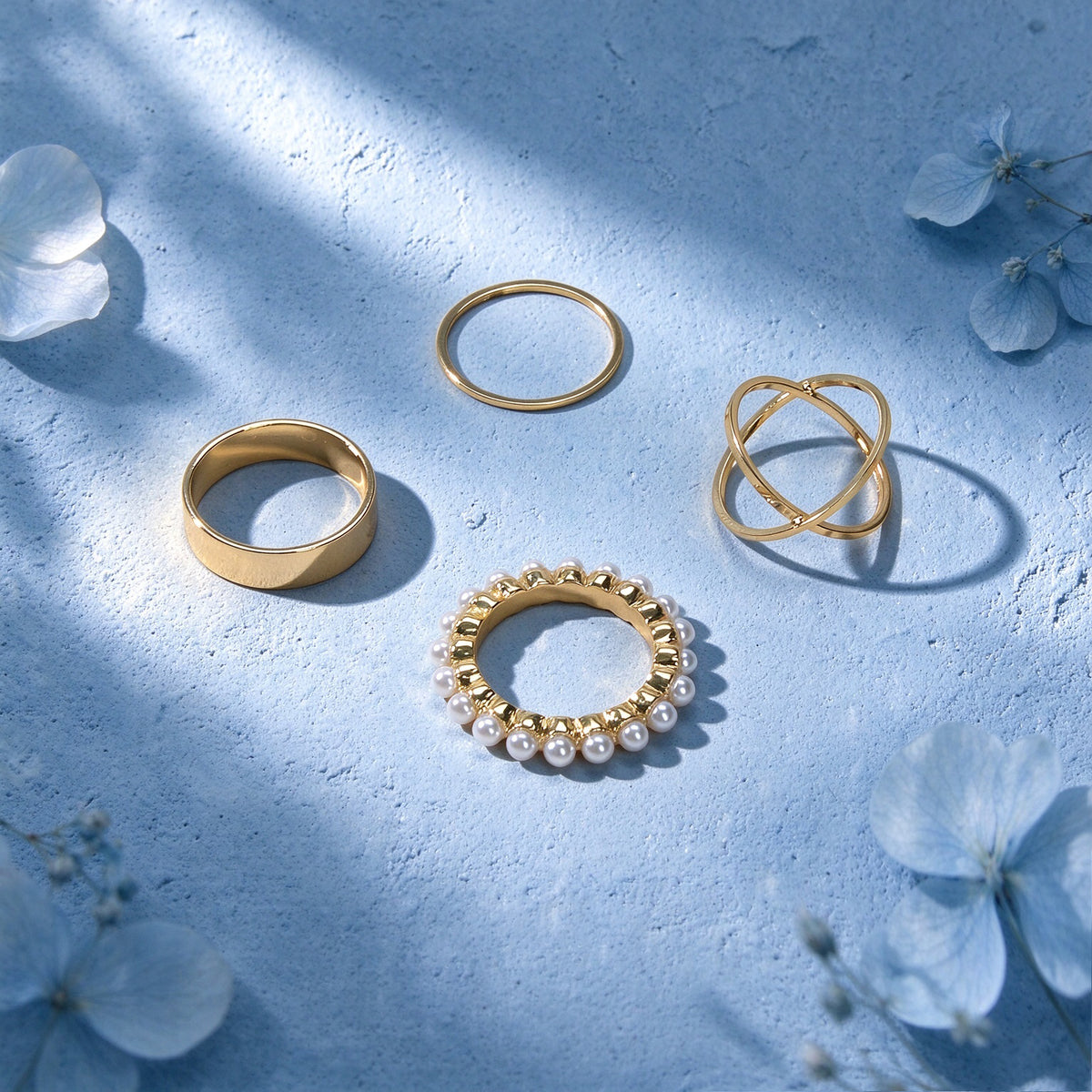 4pcs Gold Faux Pearls X Cross Wide Thin Stackable Knuckle Midi Finger Rings set