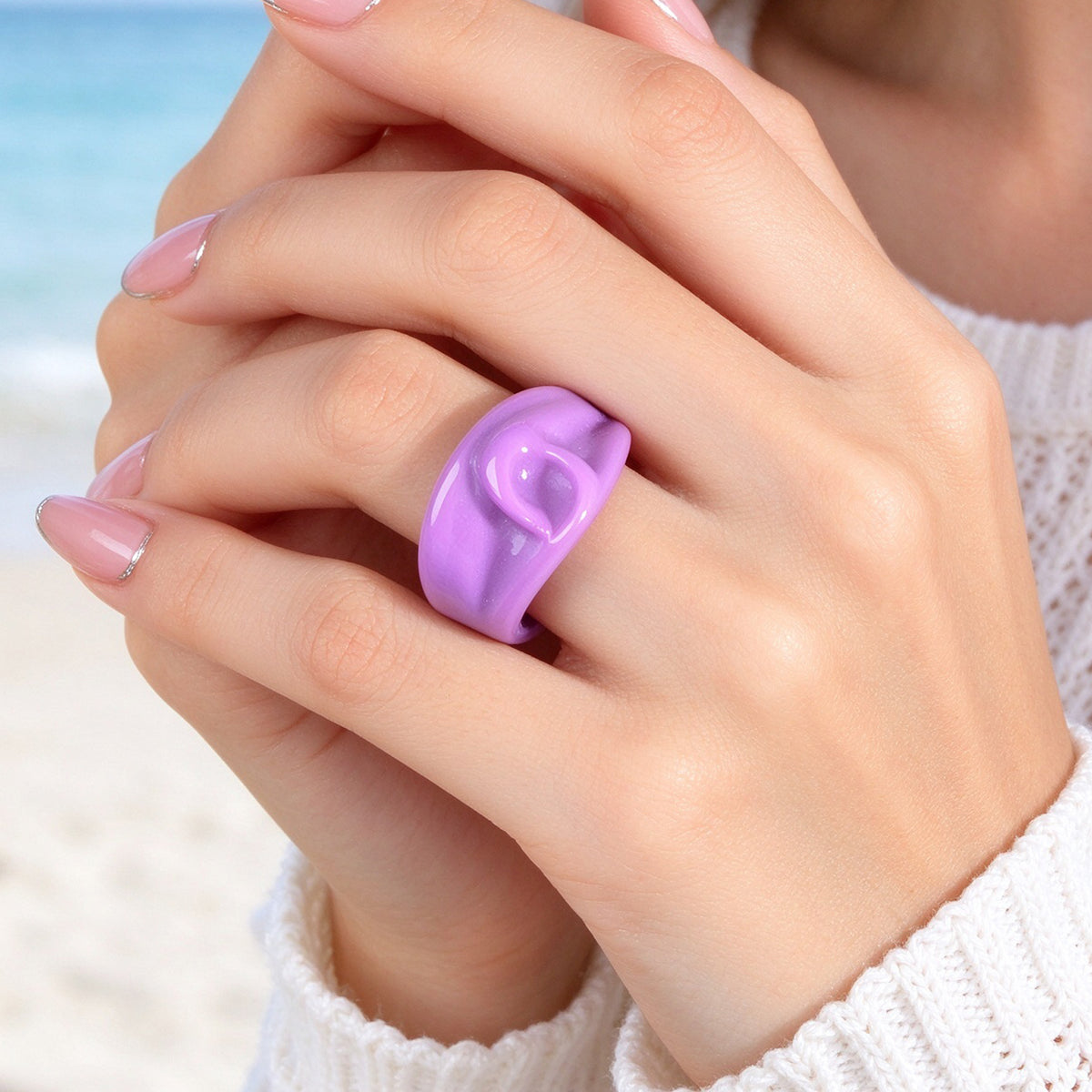 Creative Purple Resin Wide Band Open Finger Ring Boho Beach Vacation Jewellery