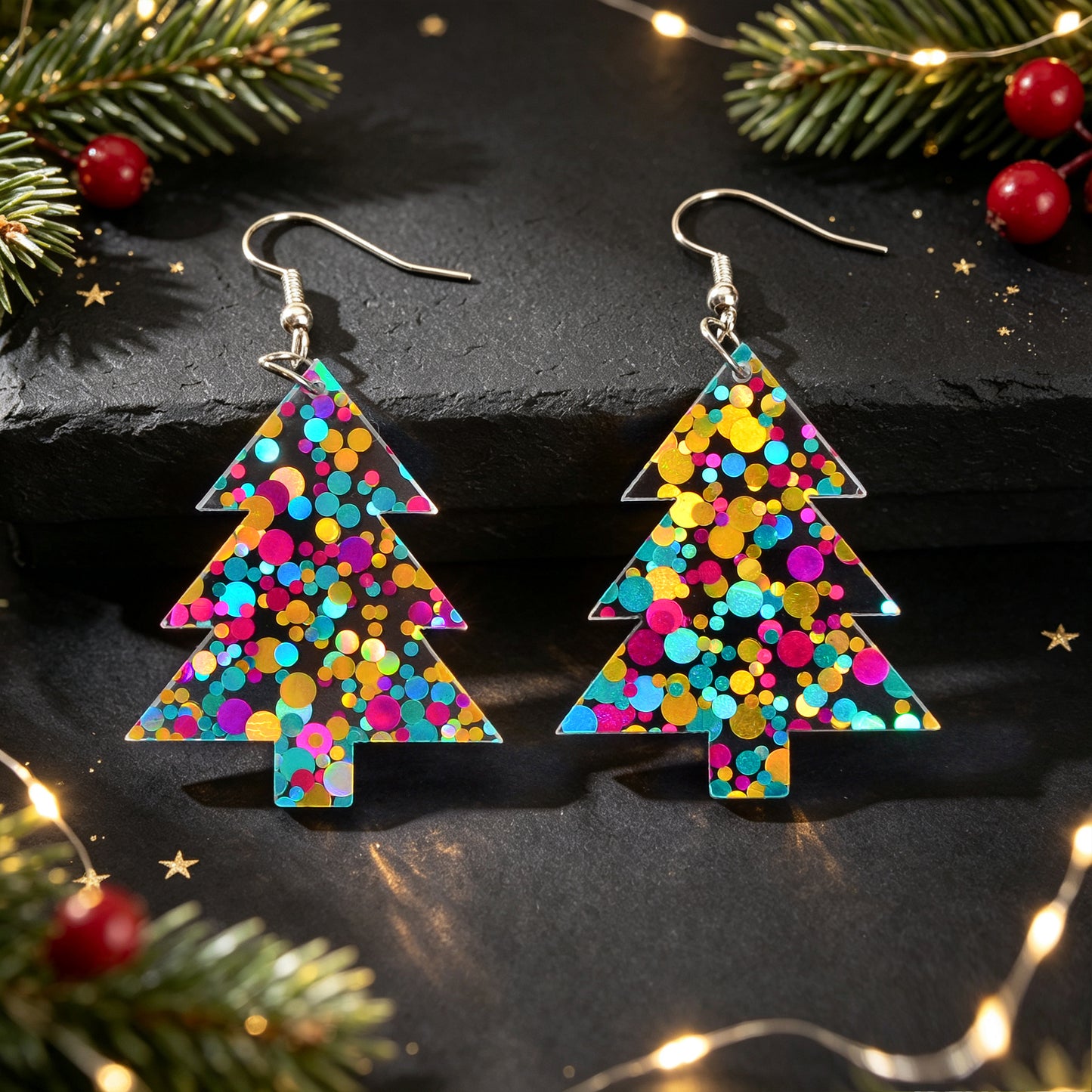 Glitter Colorful Christmas Tree Acrylic Dangle Earrings Cute Festival Party Jewelry
