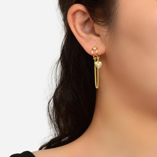 Unique Cubic Zirconia Hypoallergenic Gold Tassel Chain Heart Piercing Earrings