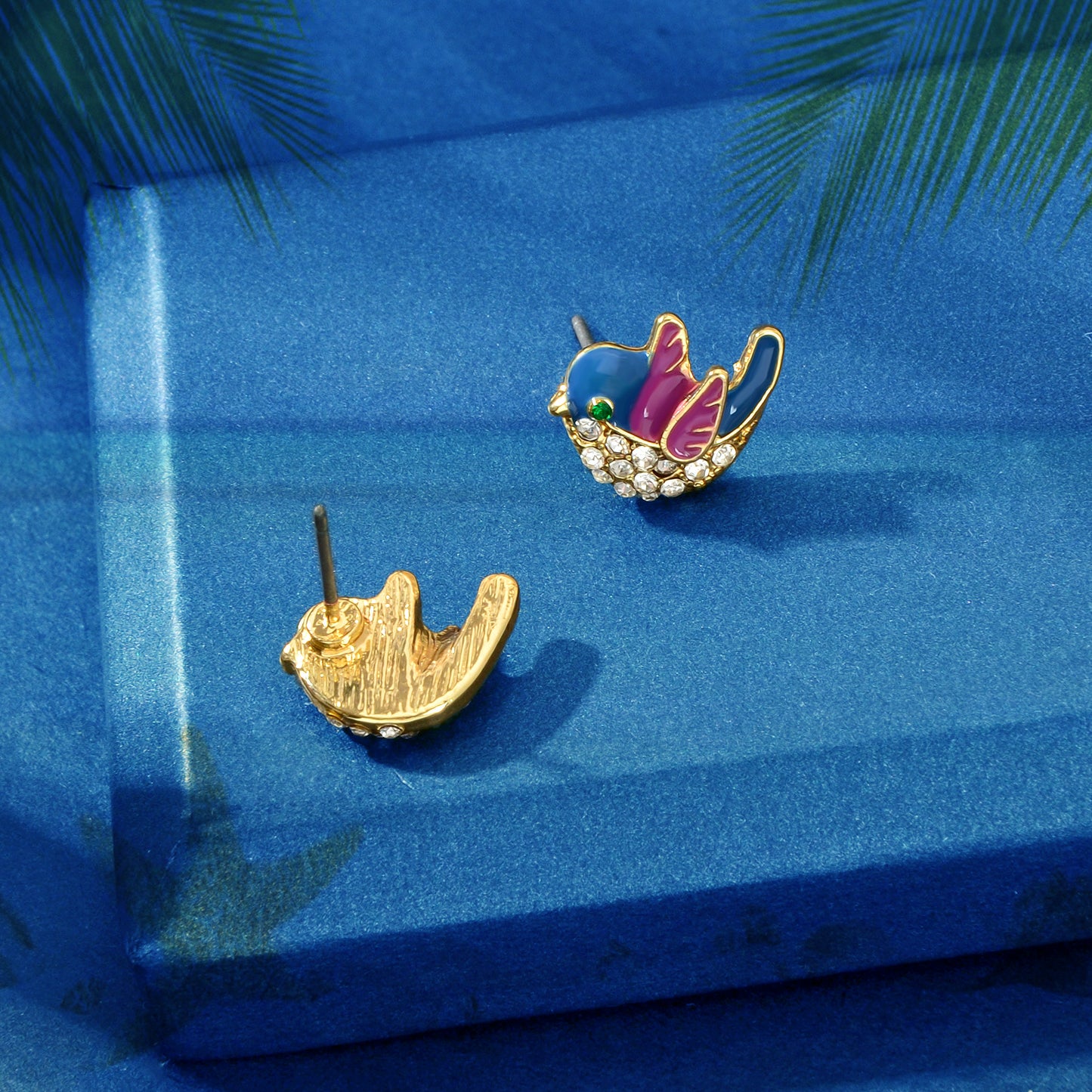 Small Rhinestone Purple Blue Enamel Love Birds Stud Earrings Funny Party Gifts