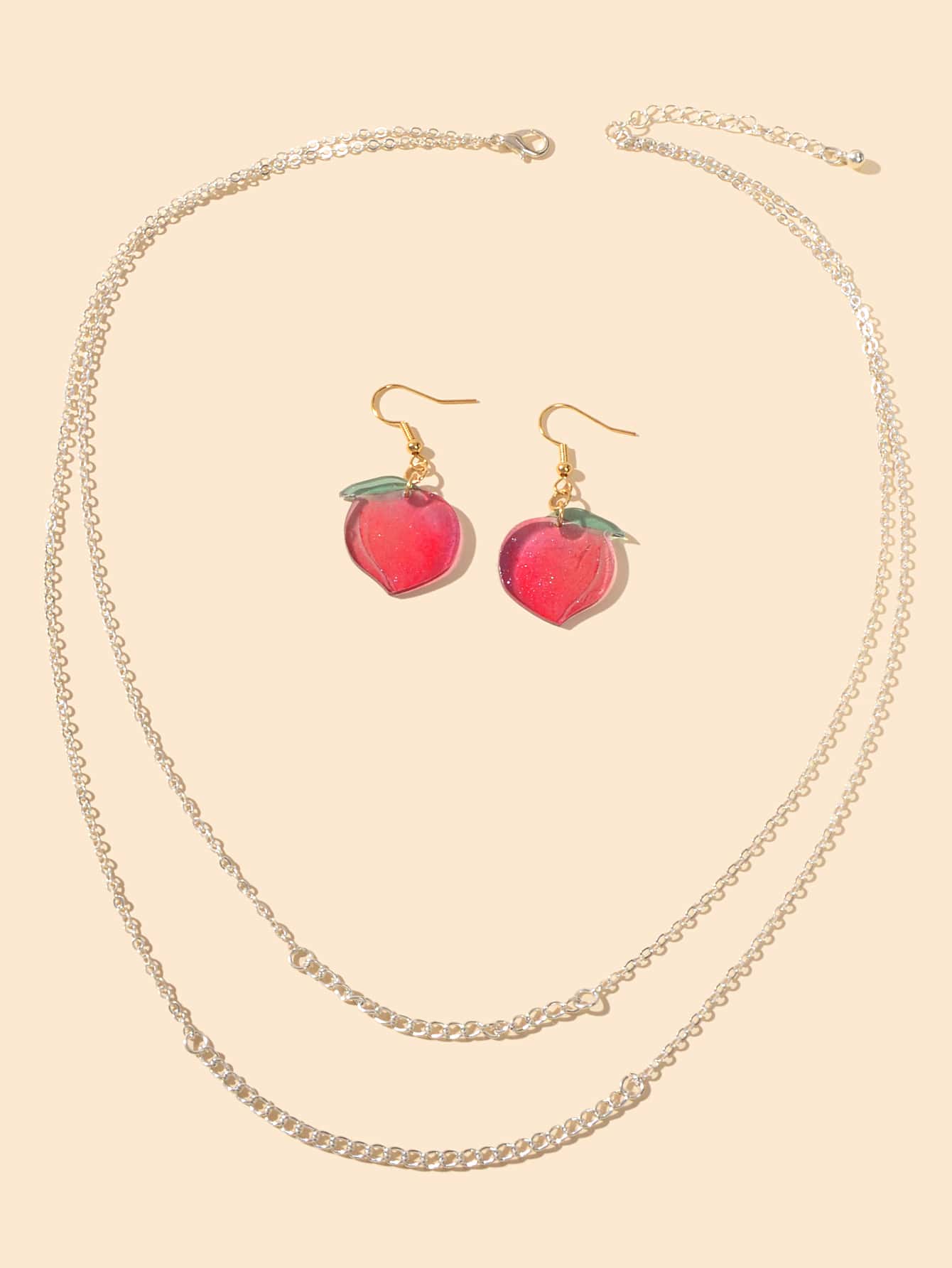 Jewelry set Double layer Silver Chain Necklace Pink Resin Peach Dangle Earrings