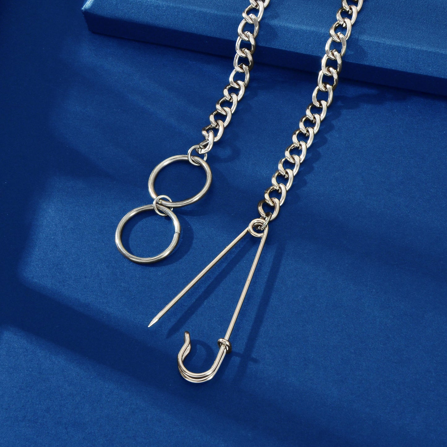 Gothic Street Silver Safety Pin Y-Shaped Punk Cuban Chain Ring Pendant Necklace