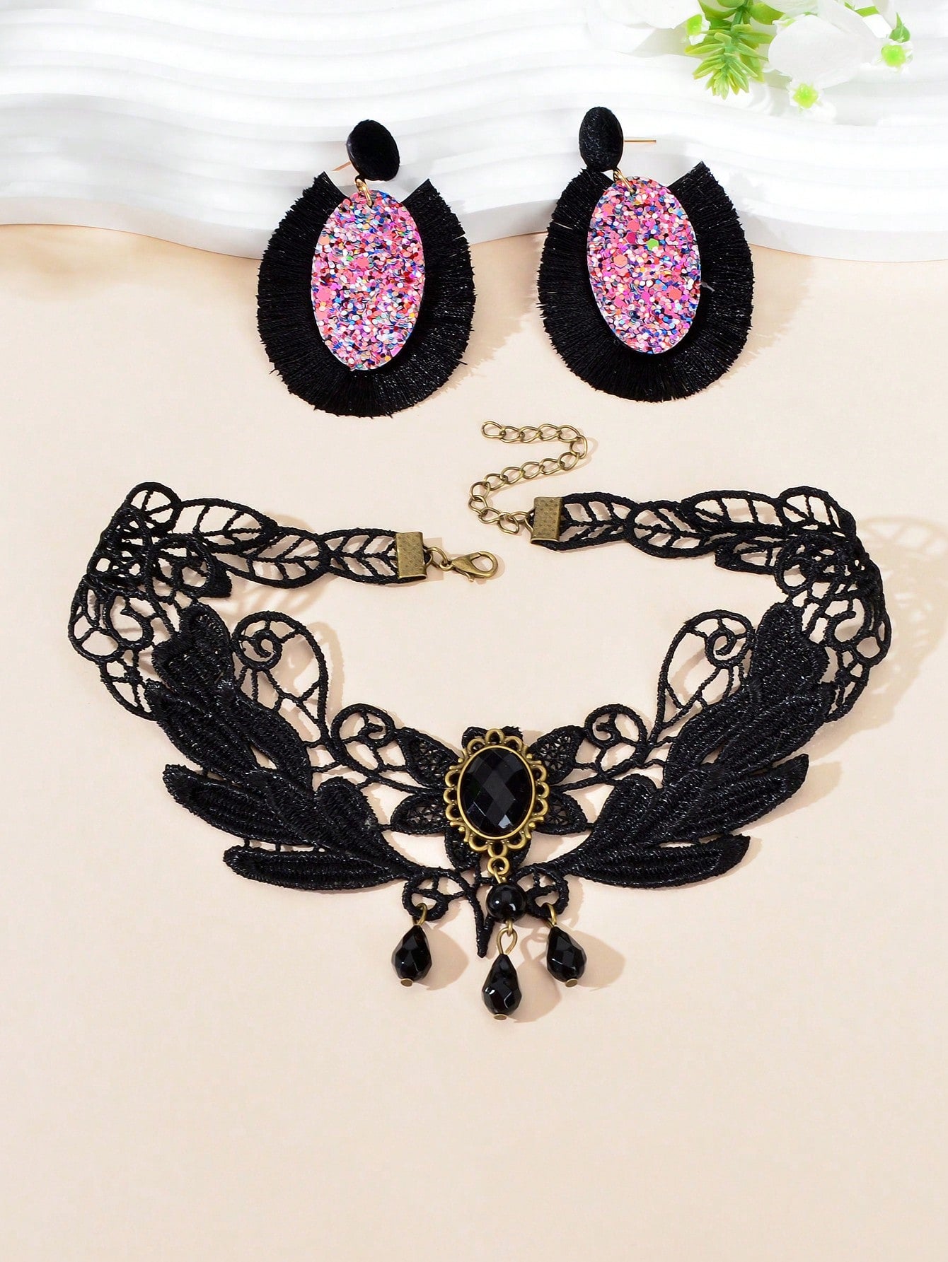 Black Punk Lace Short Necklace with Tassel Earrings Edgy Choker Jewellery Set