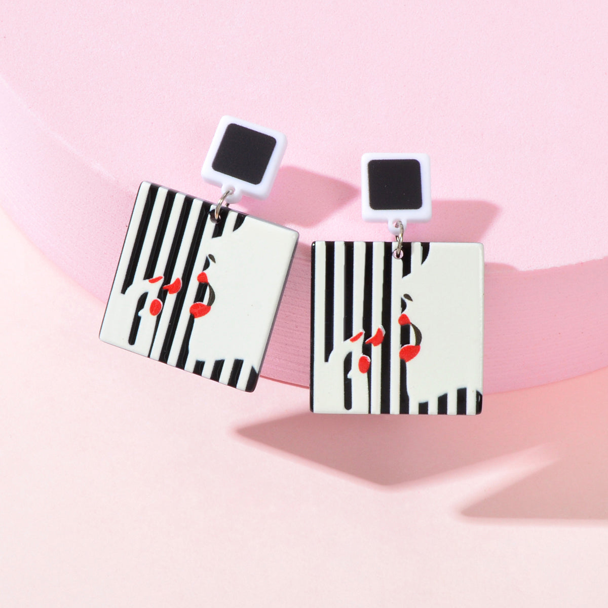 Women Red Lip Lipstick Pattern White Black Square Resin Dangle Pierced Earrings