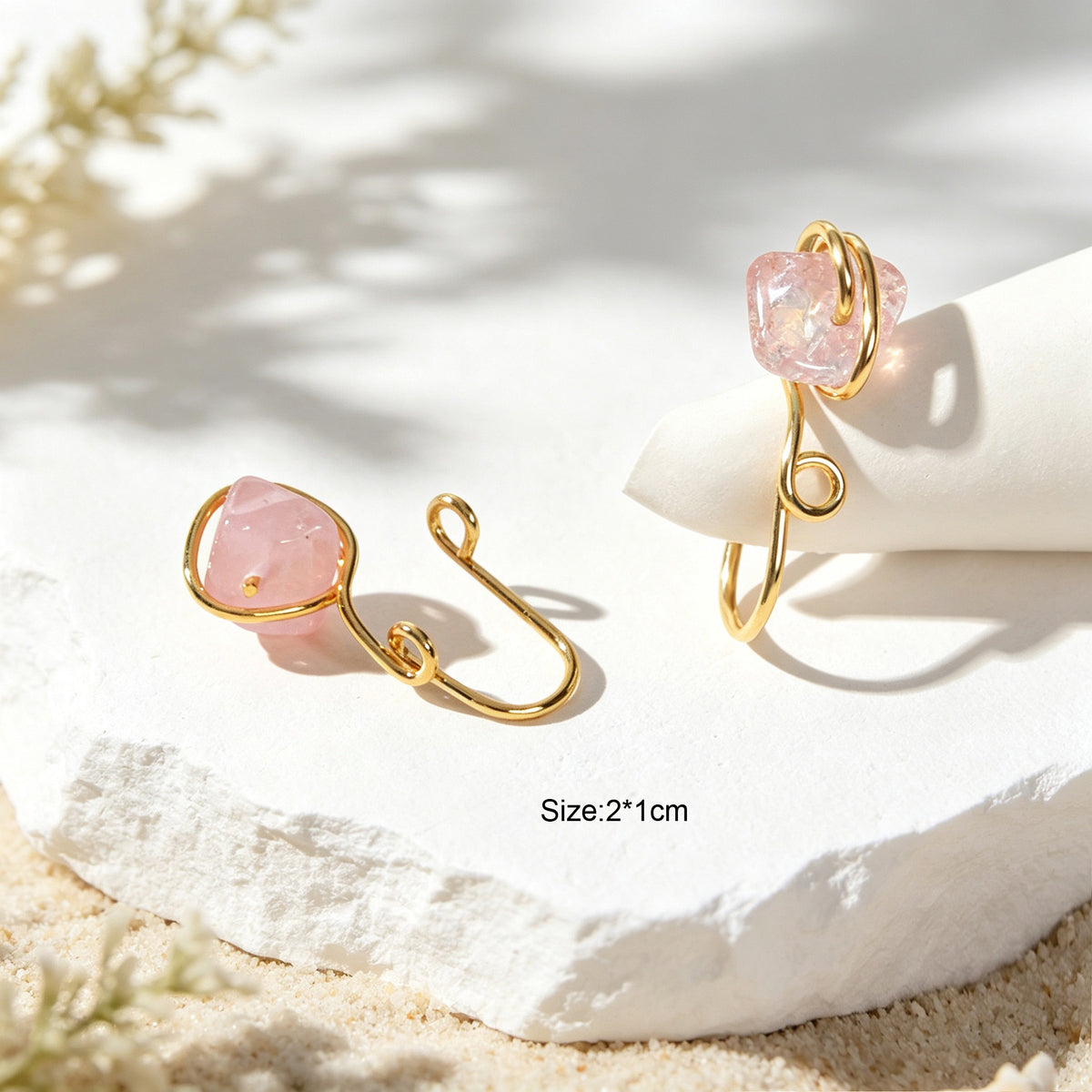 2pcs Boho Pink Stone Clip‑On Ear Cuffs Gold No Piercing Earrings Simple Jewelry
