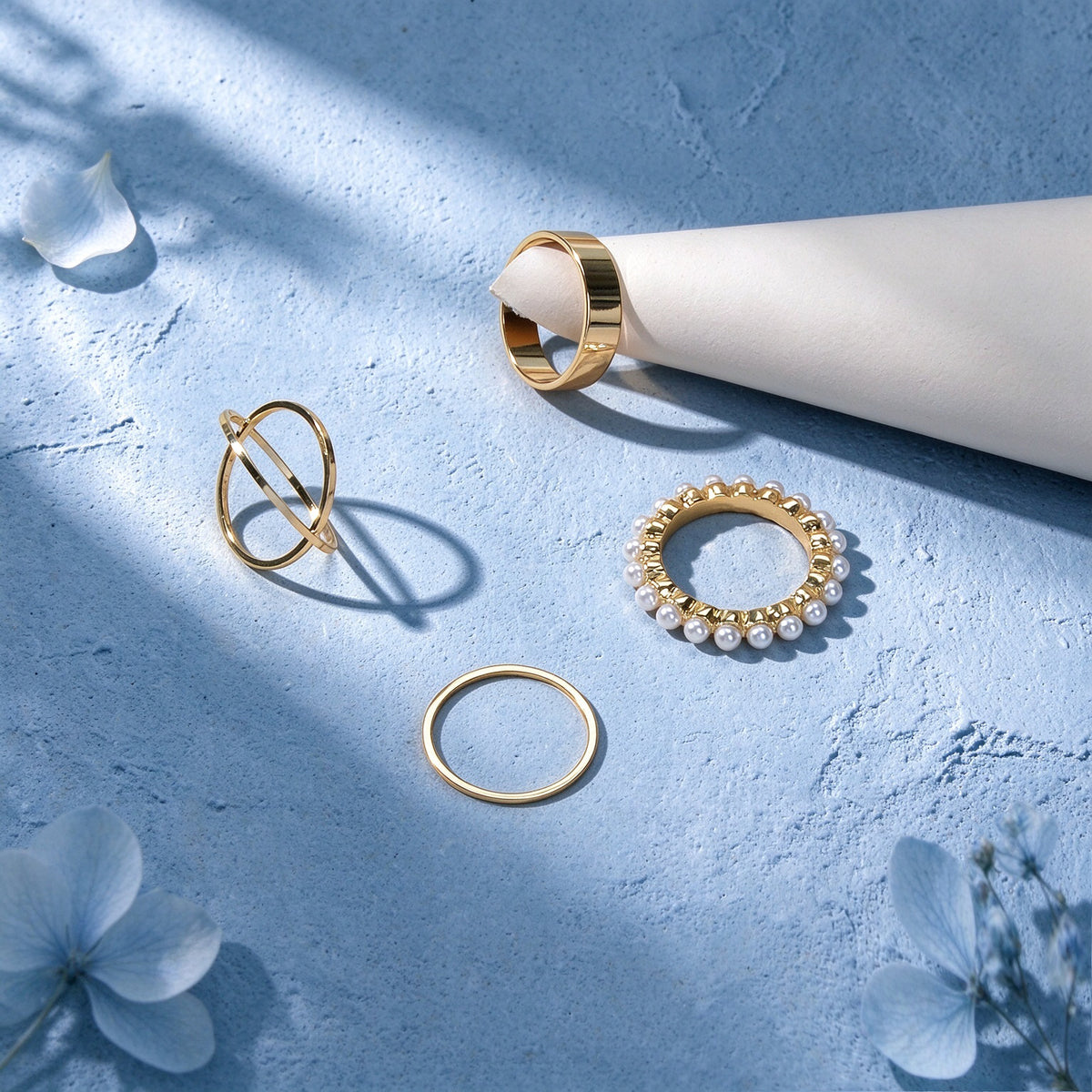 4pcs Gold Faux Pearls X Cross Wide Thin Stackable Knuckle Midi Finger Rings set