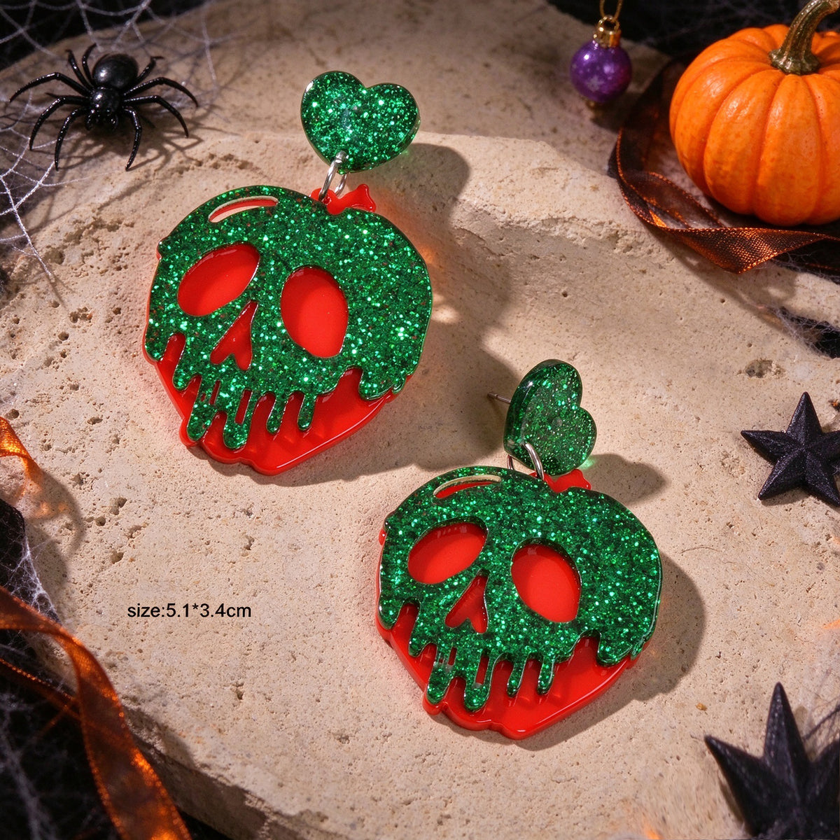Halloween Gothic Red Green Glitter Skull Dangle Hook Earrings Cosplay Jewellery