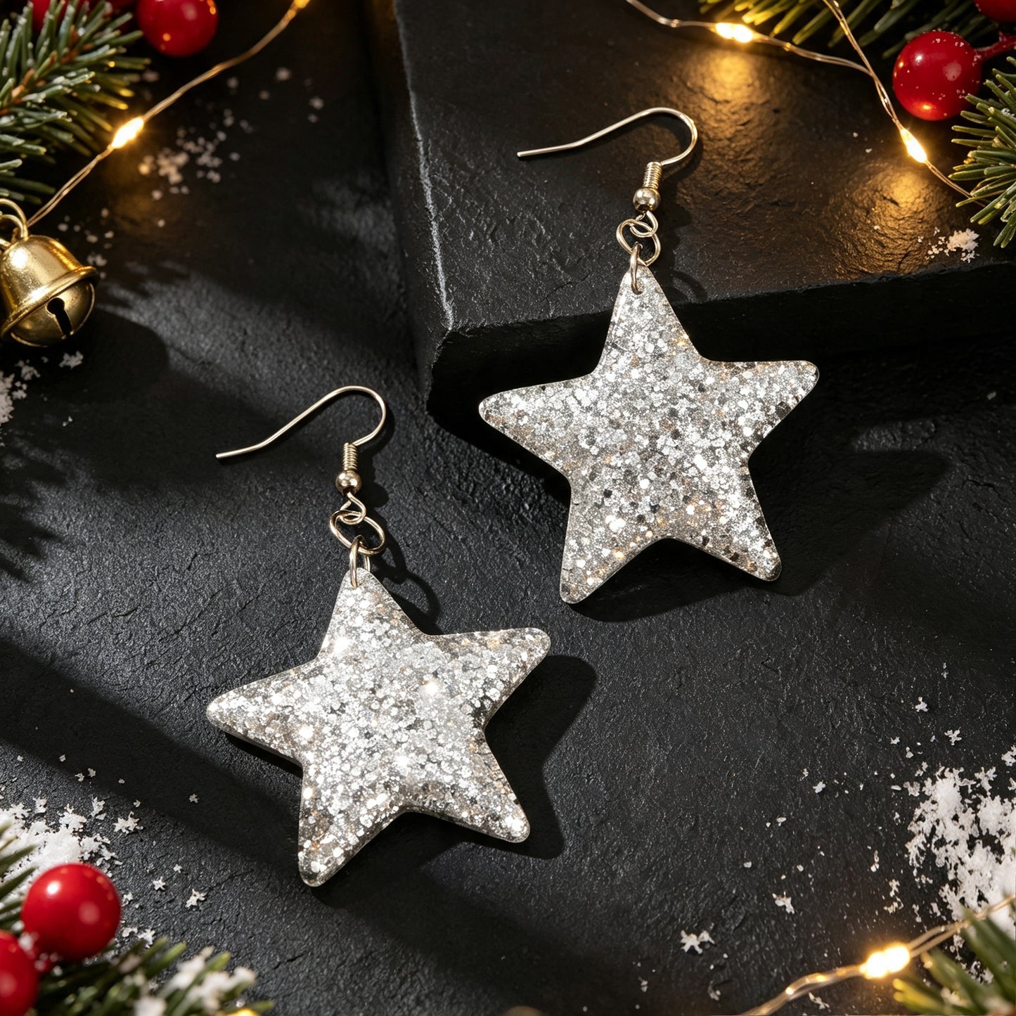 Xmas Silver Glitter Star Hook Dangle Earring Christmas Trendy Party Jewelry Gift