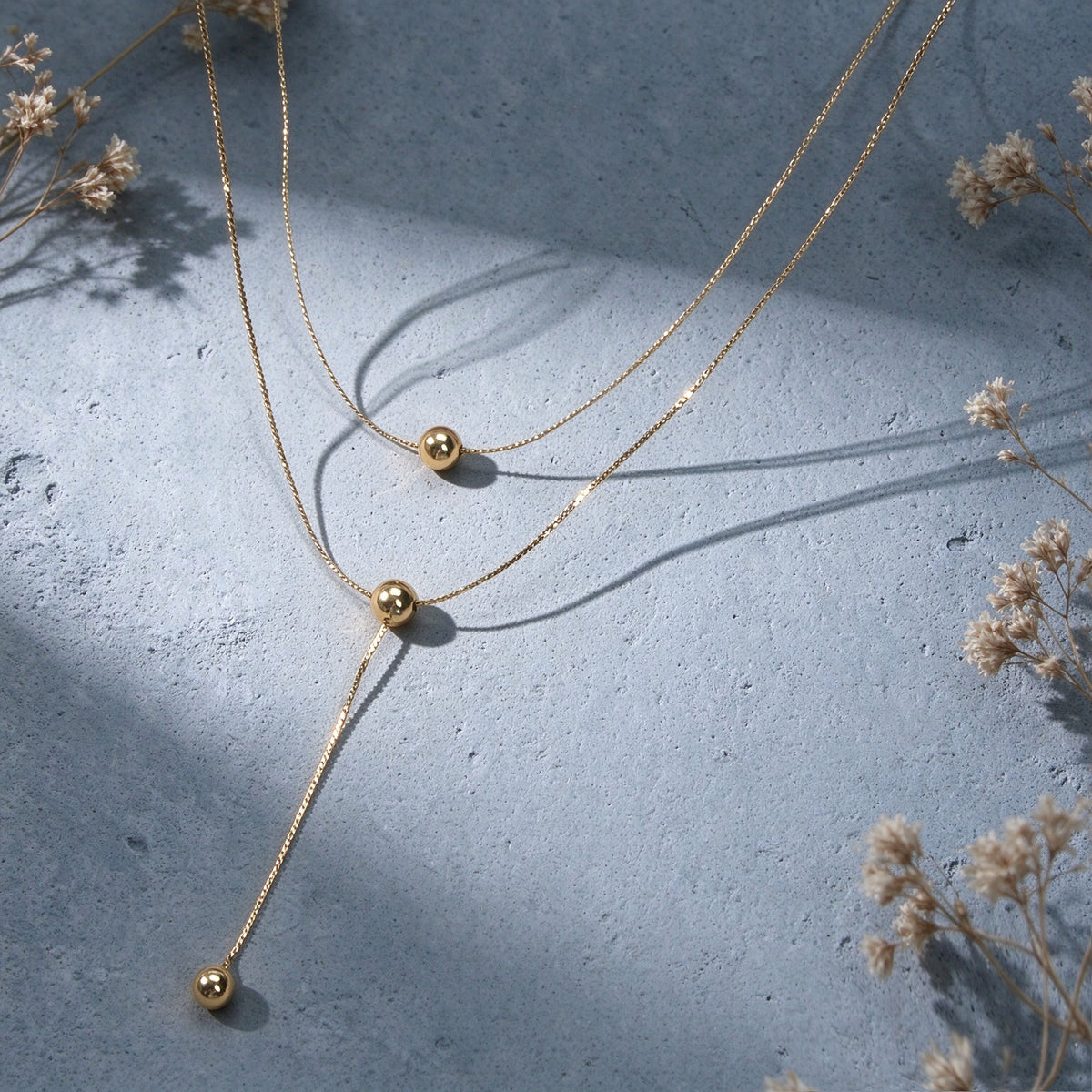 Dainty Layered Gold Y Adjustable Ball Bead Minimalist Chic Snake Chain Necklace