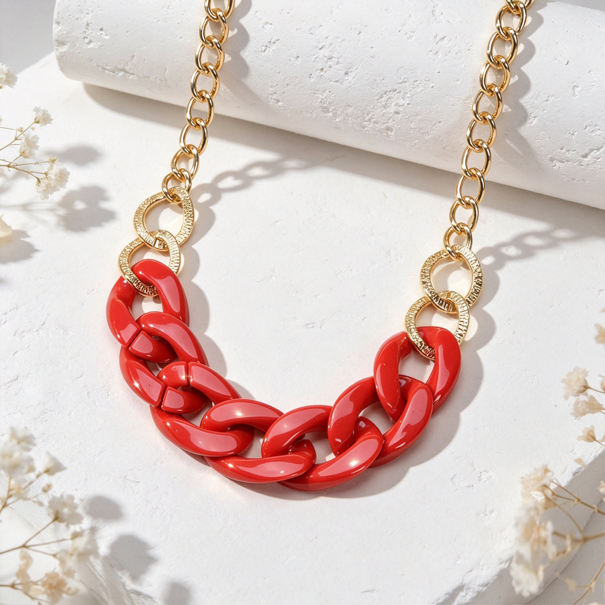 Chunky Red Resin Gold Metal Mixed Chain Collar Necklace Bold Beach Party Jewelry