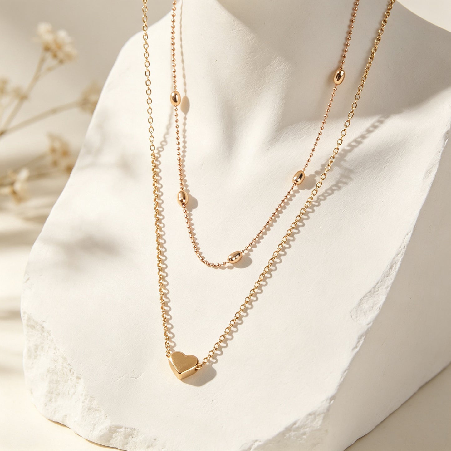 2pcs Dainty Jewelry Metal Beads Decor Gold Silver Chain Heart Pendant Necklaces