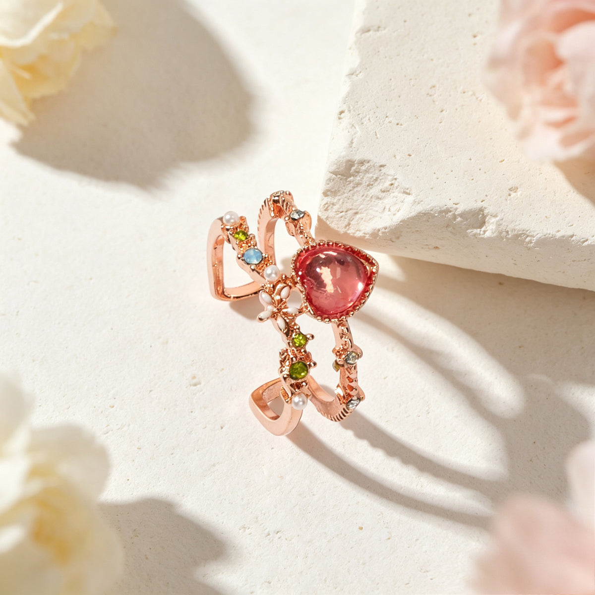 Luxuriant Colorful Rhinestone Imitation Pearl Heart Rose Gold Open Finger Ring