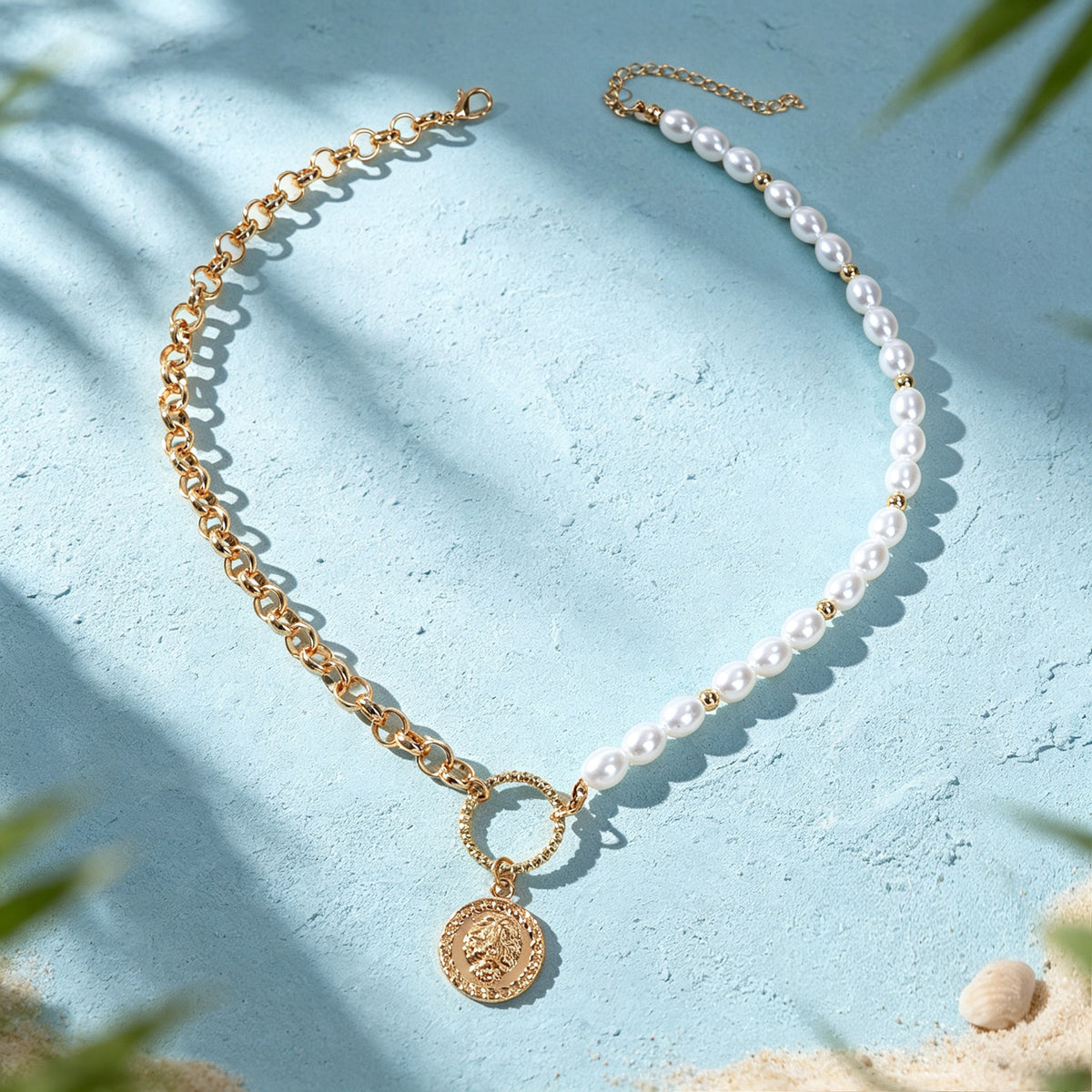 Retro Imitation Pearl Metal Mixed Chain Coin Pendant Necklace Exquisite Jewelry