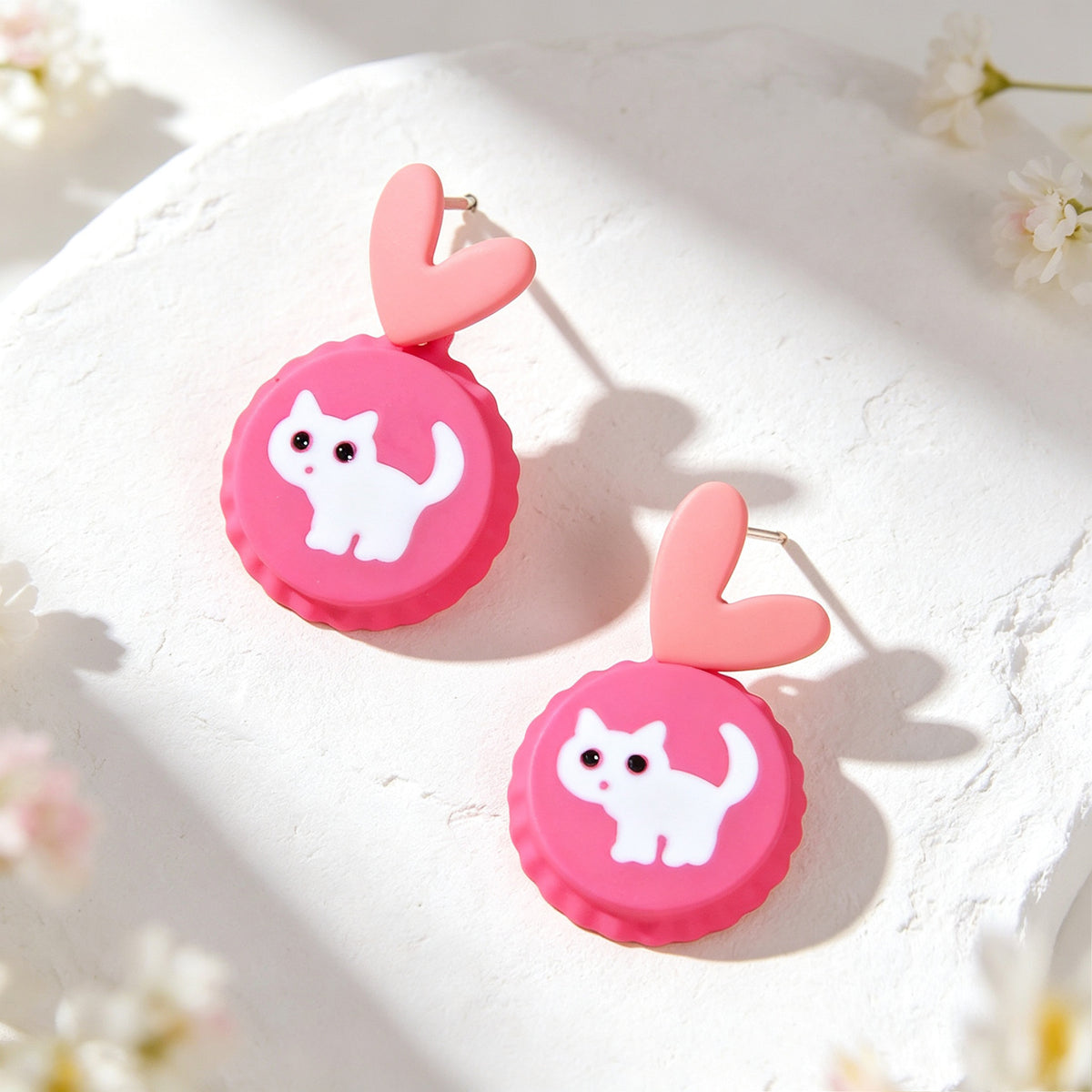 Cute Hotpink Heart Cartoon White Cat Drop Earrings Sweet Lovely Jewellery Gift