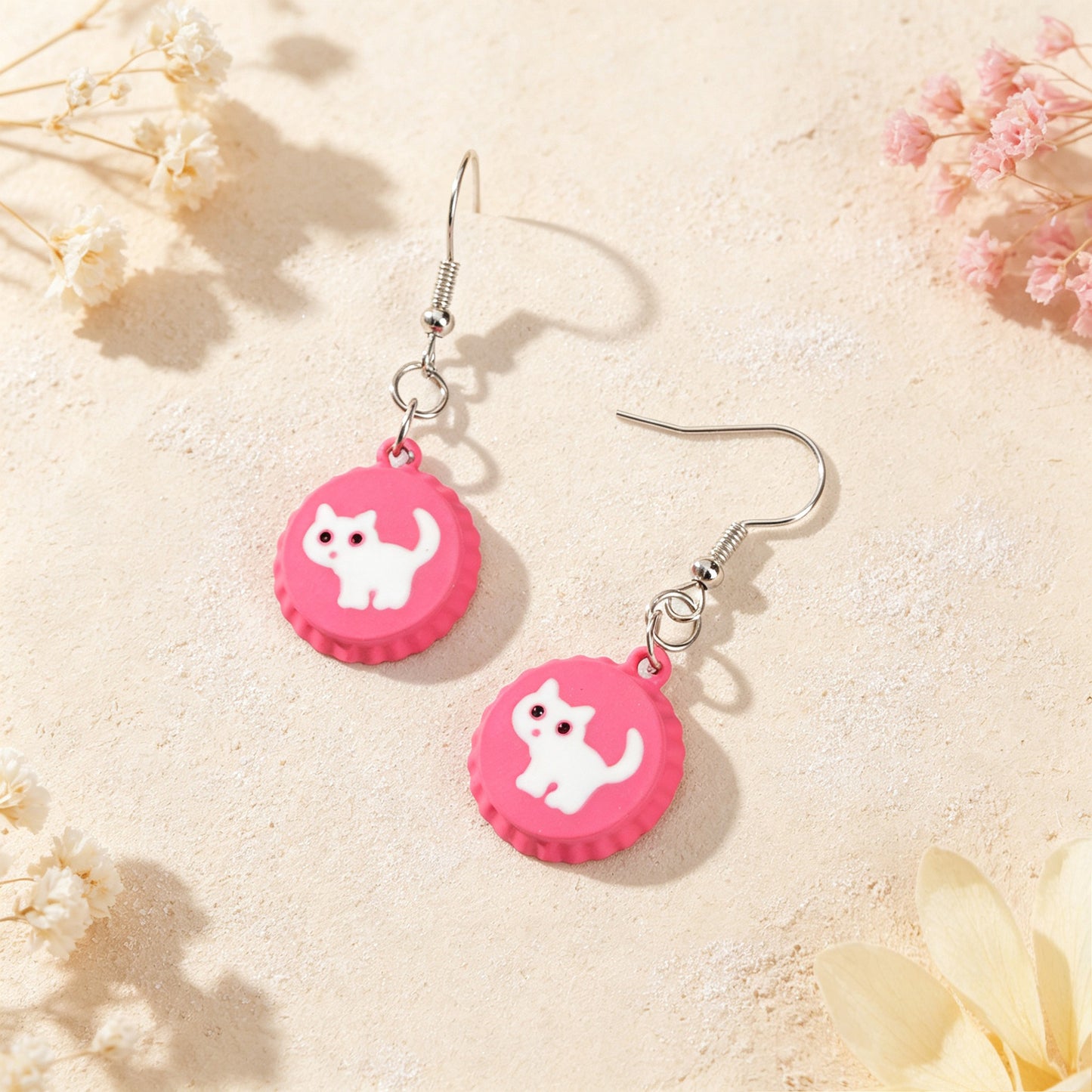 Cute White Cat Hotpink Bottle Cap Dangle Earrings Sweet Jewelry for Daily Party Gift