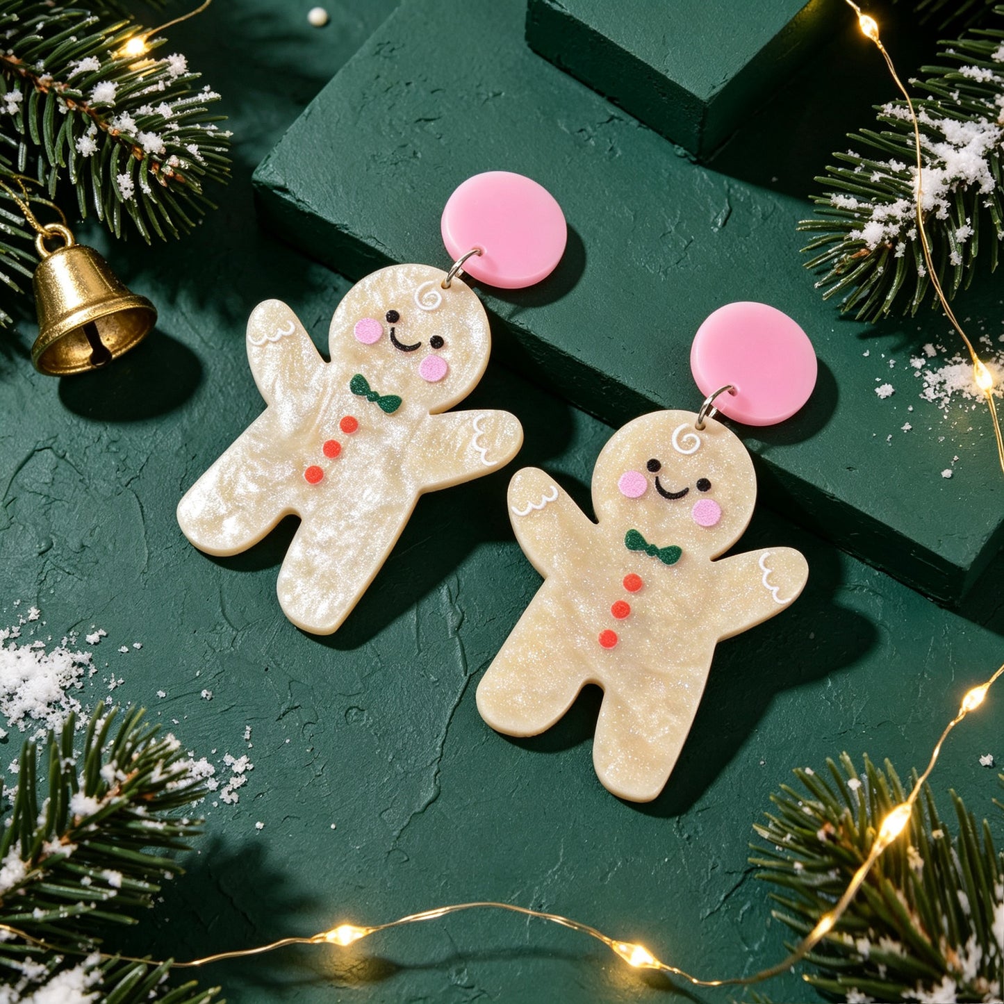 Cream Glitter Gingerbread Man Christmas Drop Earrings Festive Party Jewelry Gift