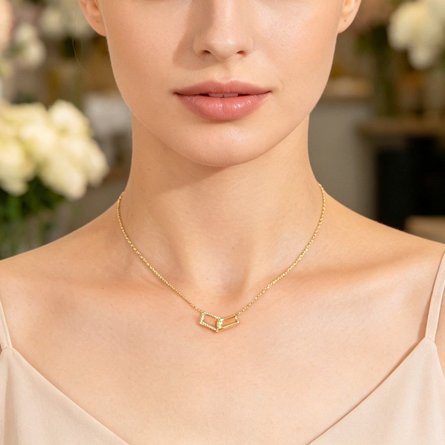 Gold Geometric Crystal Inlaid Square Link Pendant Necklace Minimalist Jewellery