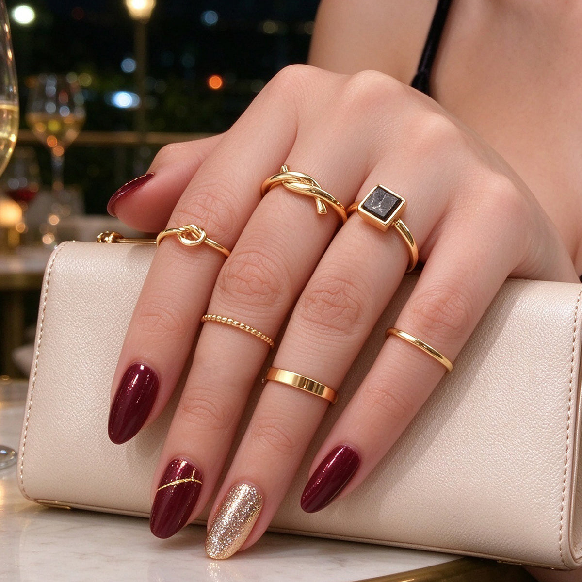 6pcs Minimalist Black Square Geometric Silver Gold Stackable Knotted Finger Ring