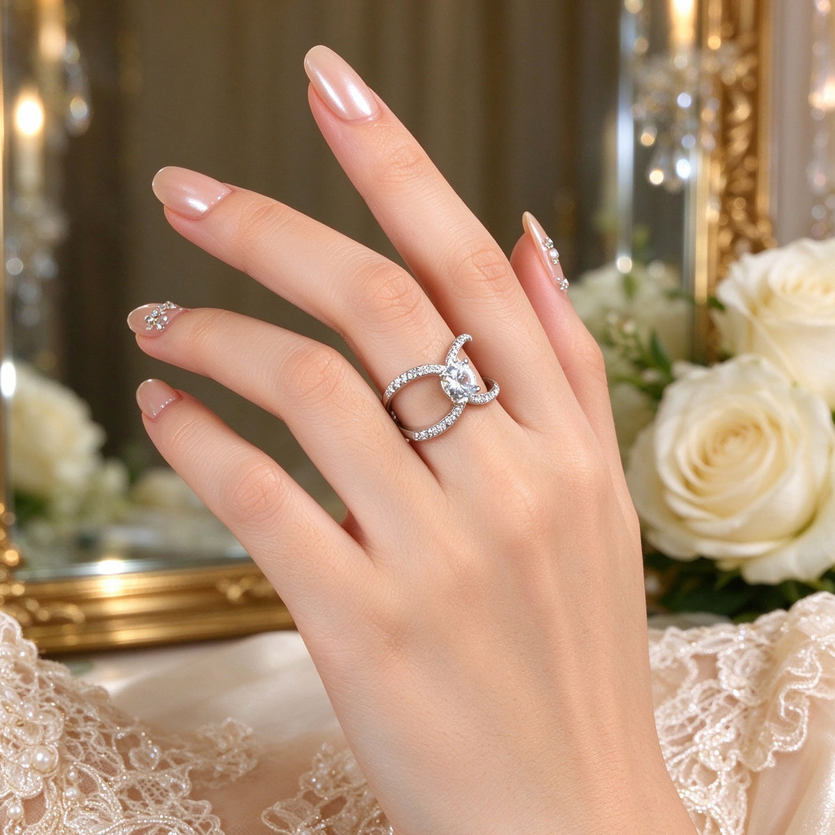 Luxury Imitation Diamond Silver Split Shank Ring Statement Wedding Party Jewelry