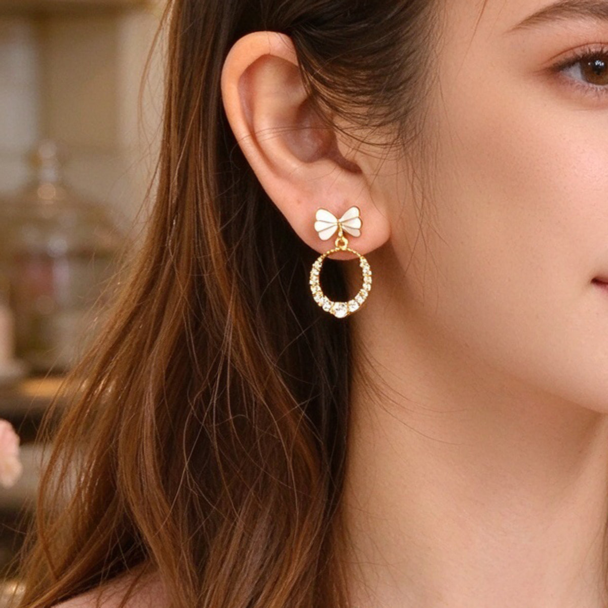 Sweet White Bow Sparkling Faux Crystal Circle Drop Earrings Elegant Jewelry Gift