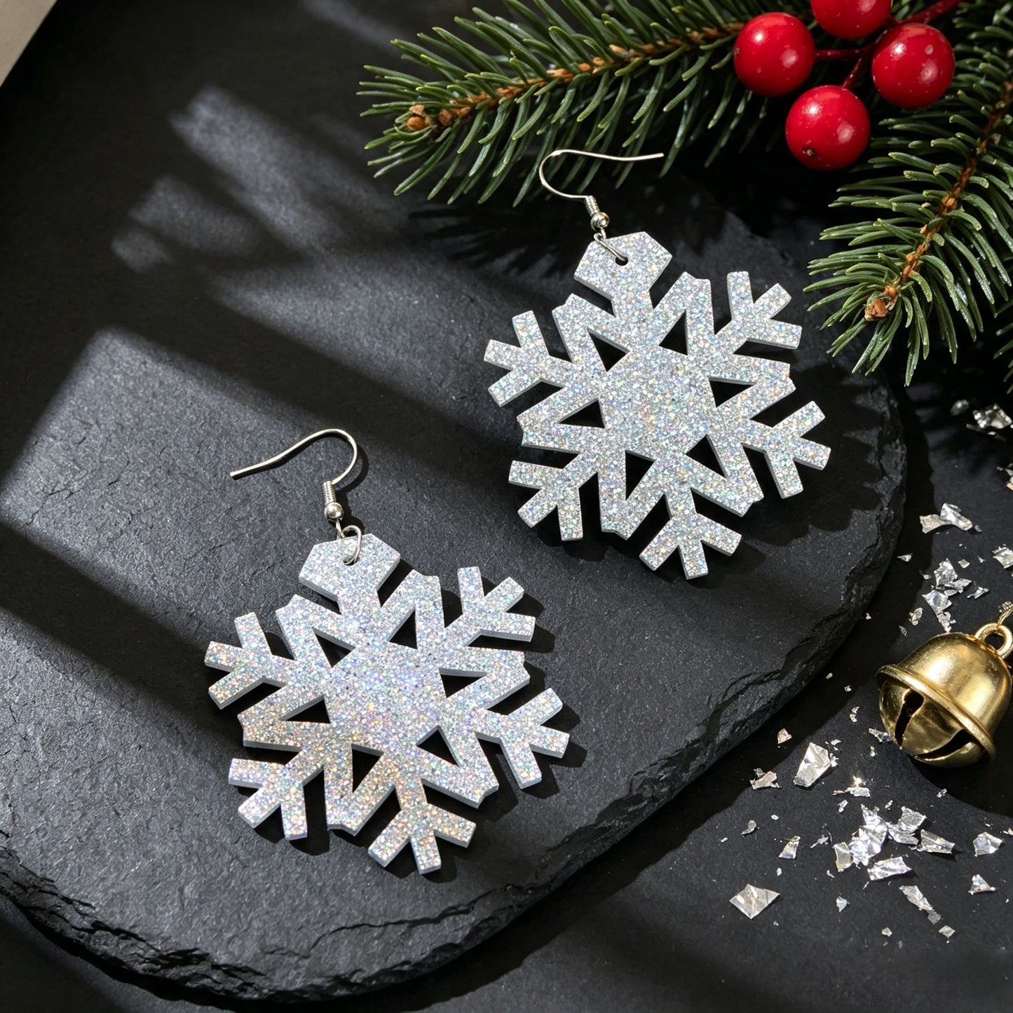 Christmas Silver Snowflake Dangle Hook Earrings Winter Holiday Party Jewellery