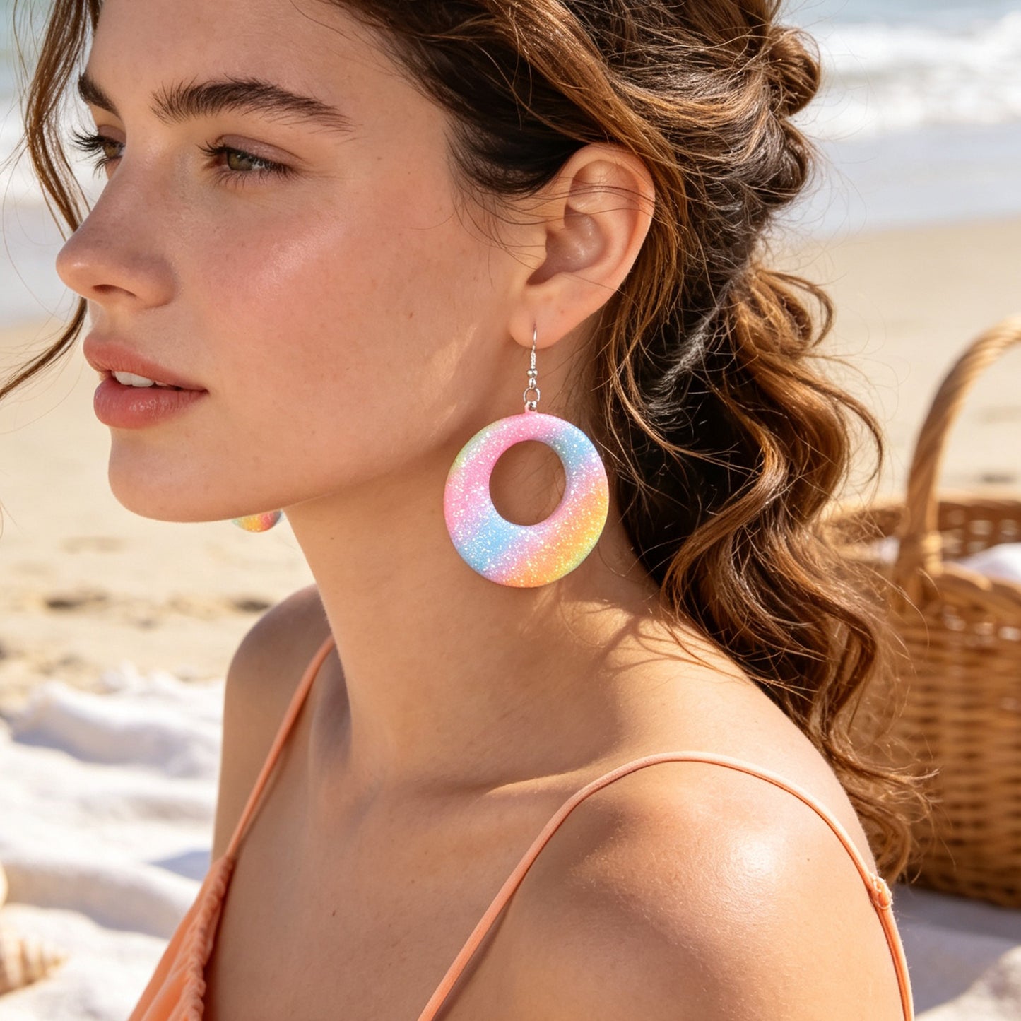 Rainbow Gradient Glitter Hollow Circle Geometric Dangle Earrings Y2K Summer Beach Vacation Party Jewelry