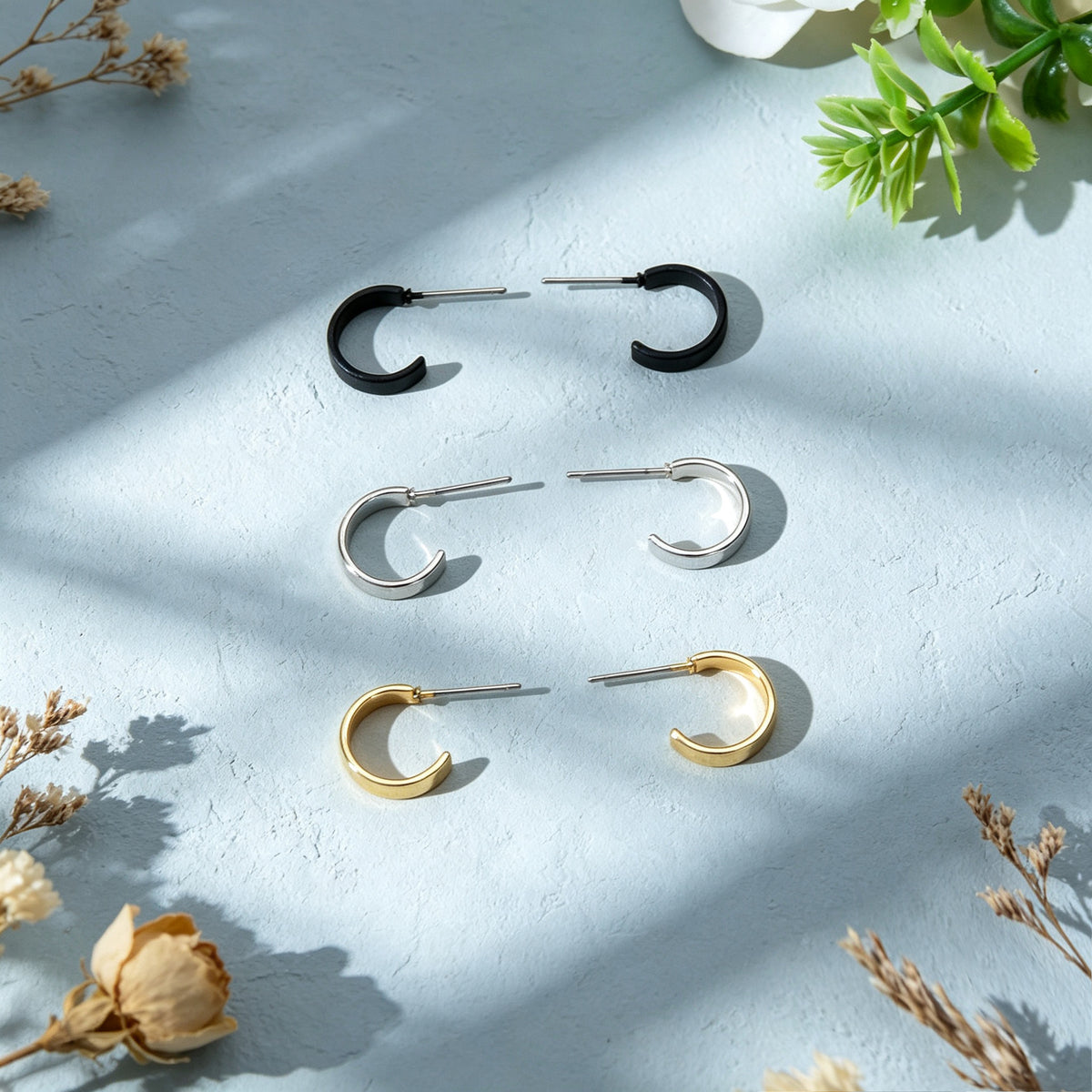 3 pairs Gold Silver Black Cute Hoop Stud Earrings Set Punk C-Shape Jewellery