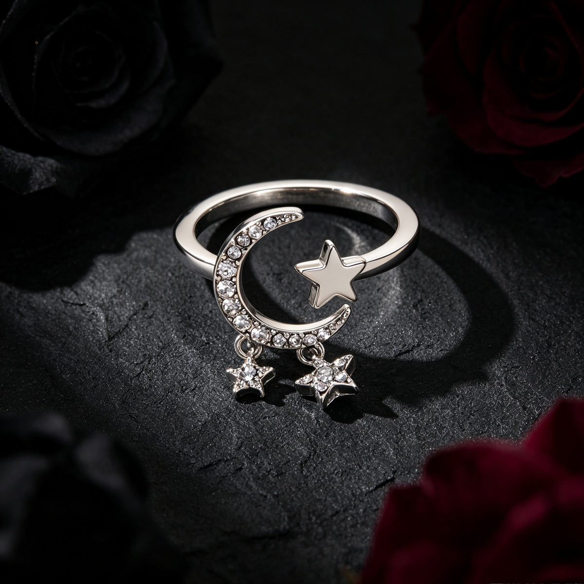 Glitter Rhinestone Silver Star Moon Finger Ring Engagement Wedding Jewelry Gift
