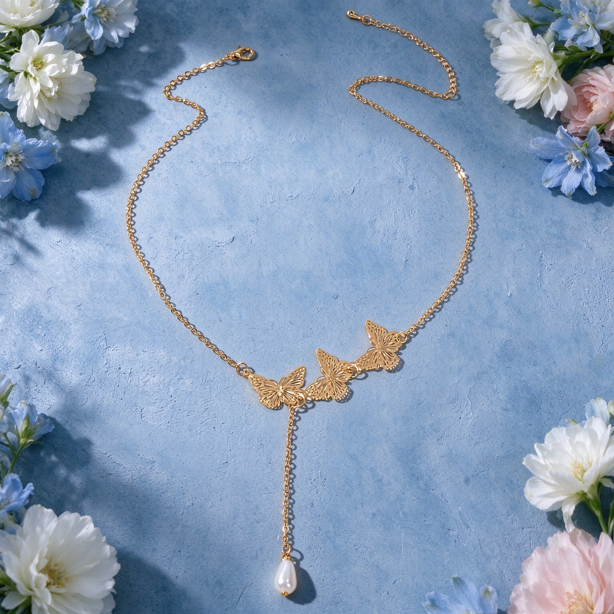 Elegant Hollow Butterfly Y Necklace Gold Chain Faux Pearls Pendant Party Jewelry