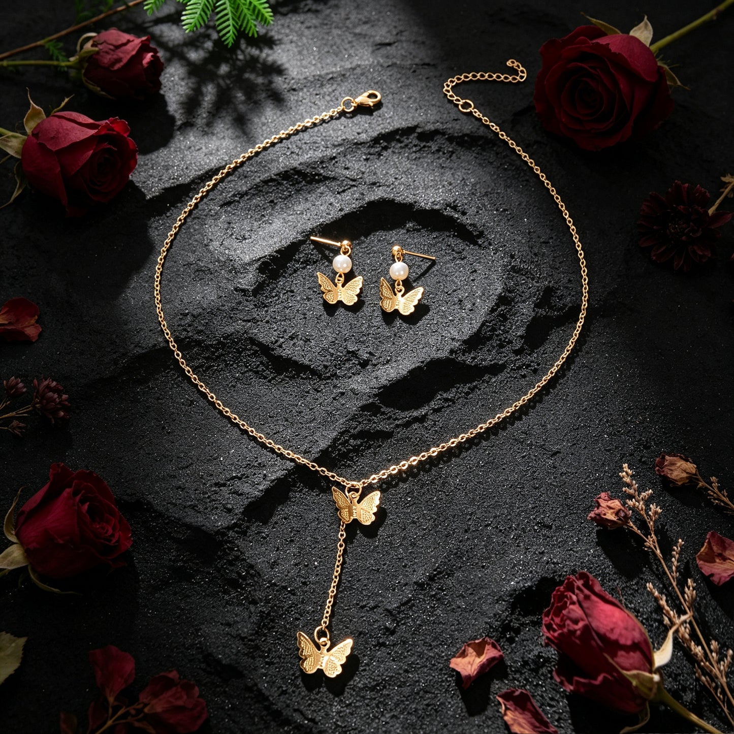 Gold Butterfly Set Y Drop Necklace Pearl Dangle Earrings Wedding Party Accessory