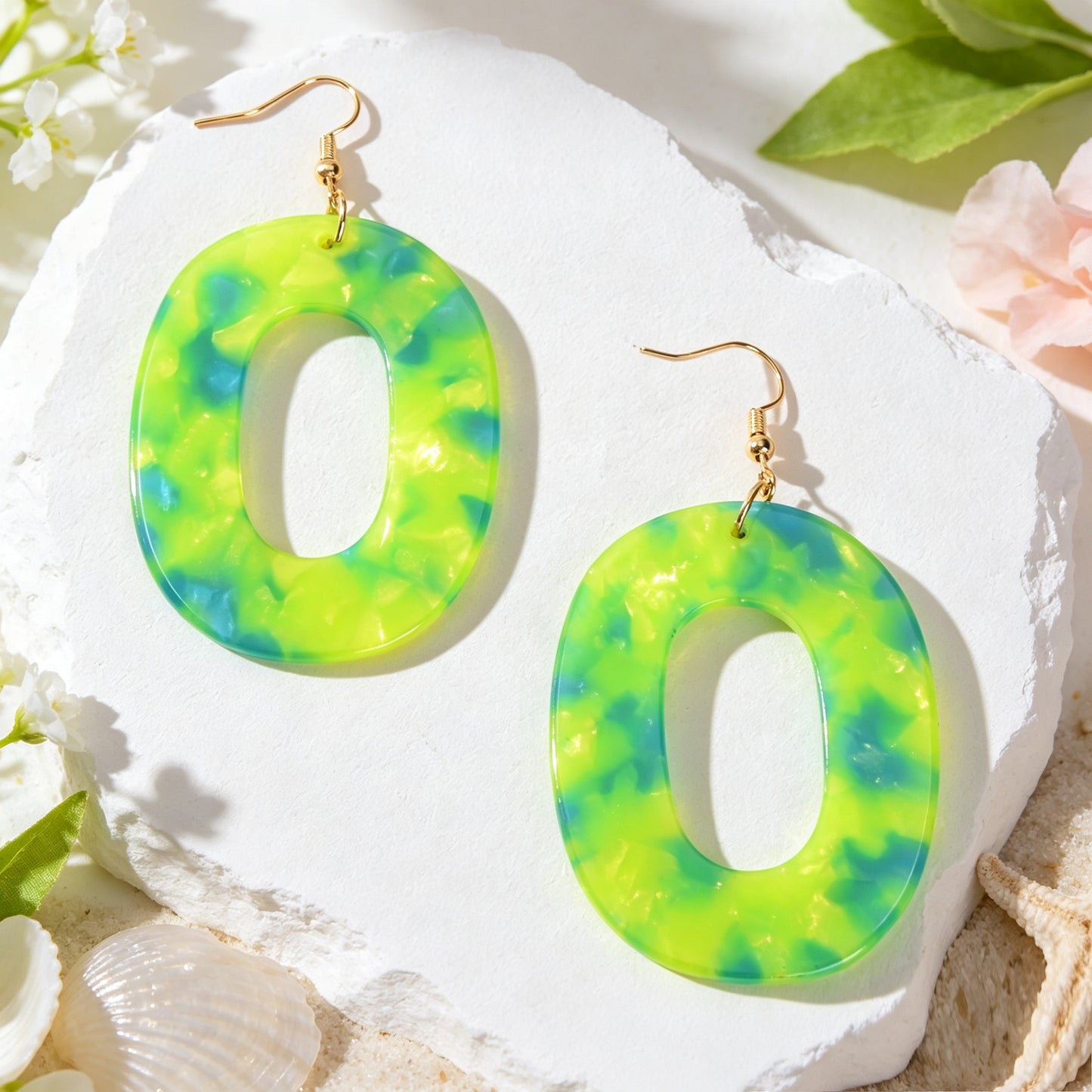 Boho Green Marble Grain Hollow Geometric Acrylic Dangle Earrings Beach Holiday Pool Party Jewelry
