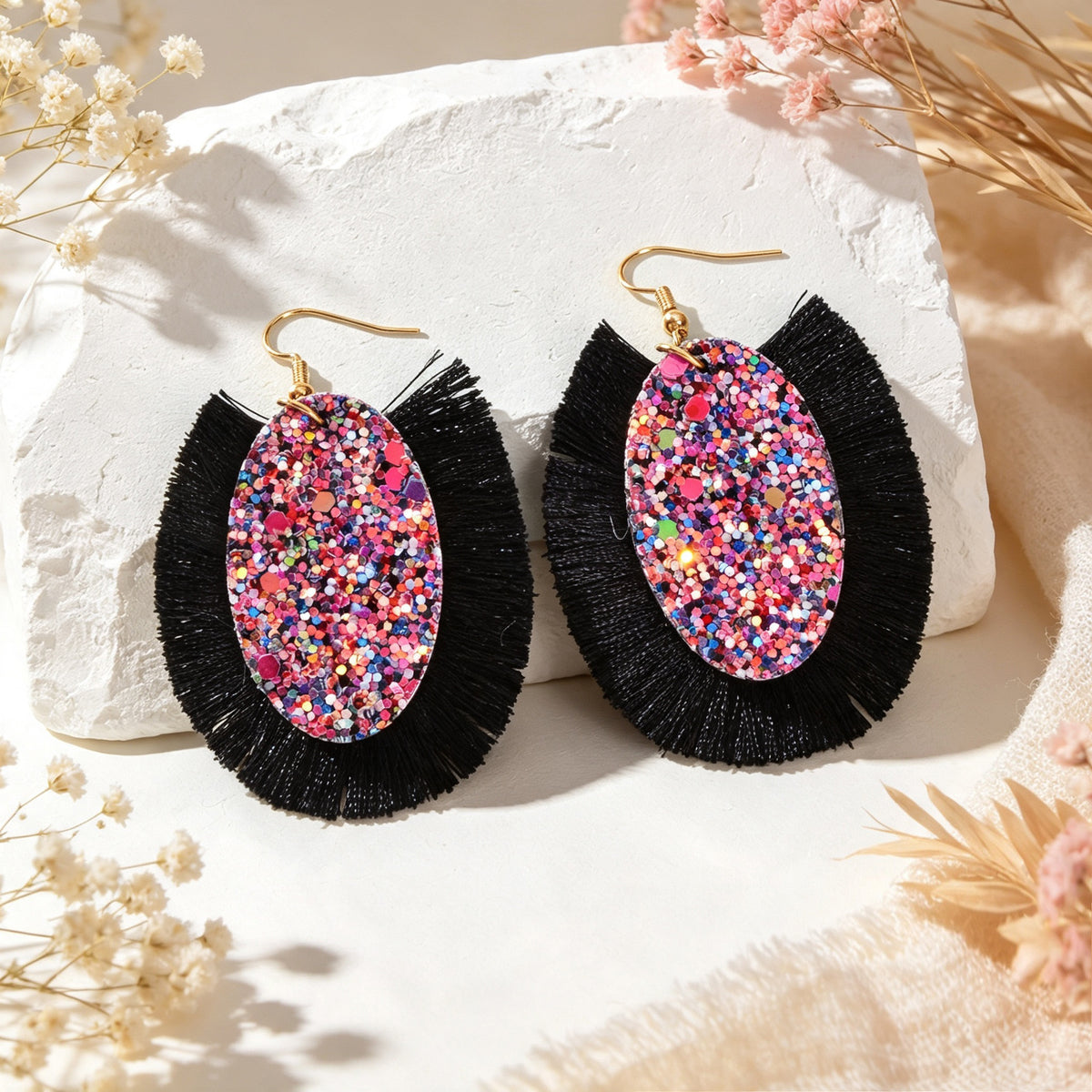 Boho Colorful Tassel Sequin Oval Dangle Earrings Chunky Summer Beach Vacation Statement Jewelry