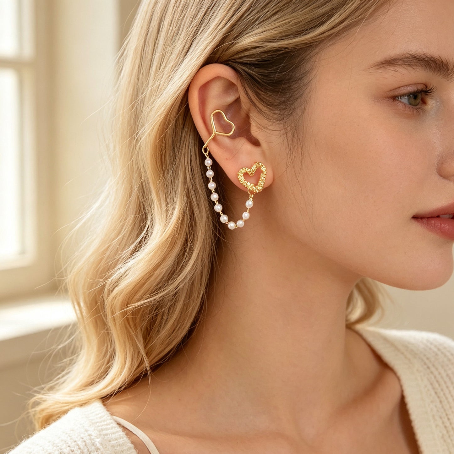 1 pc Gold Heart Imitation Pearl Chain Ear Cuff Climber Earring Romantic Dating Jewelry Festival Gift
