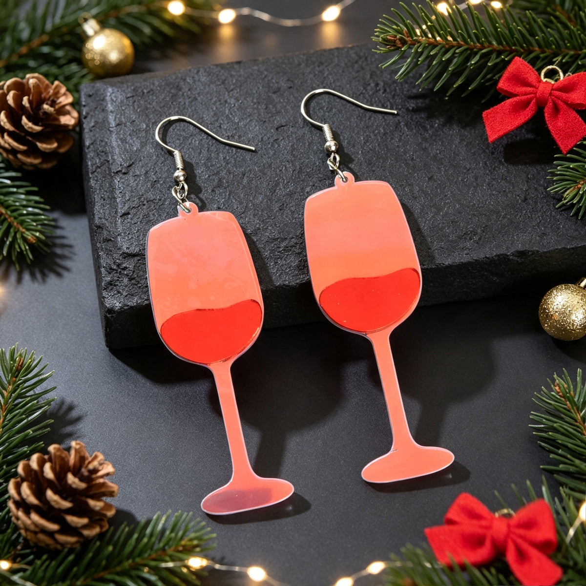 Fun Red Wine Cup Acrylic Dangle Earrings Christmas Party Bar Holiday Jewelry