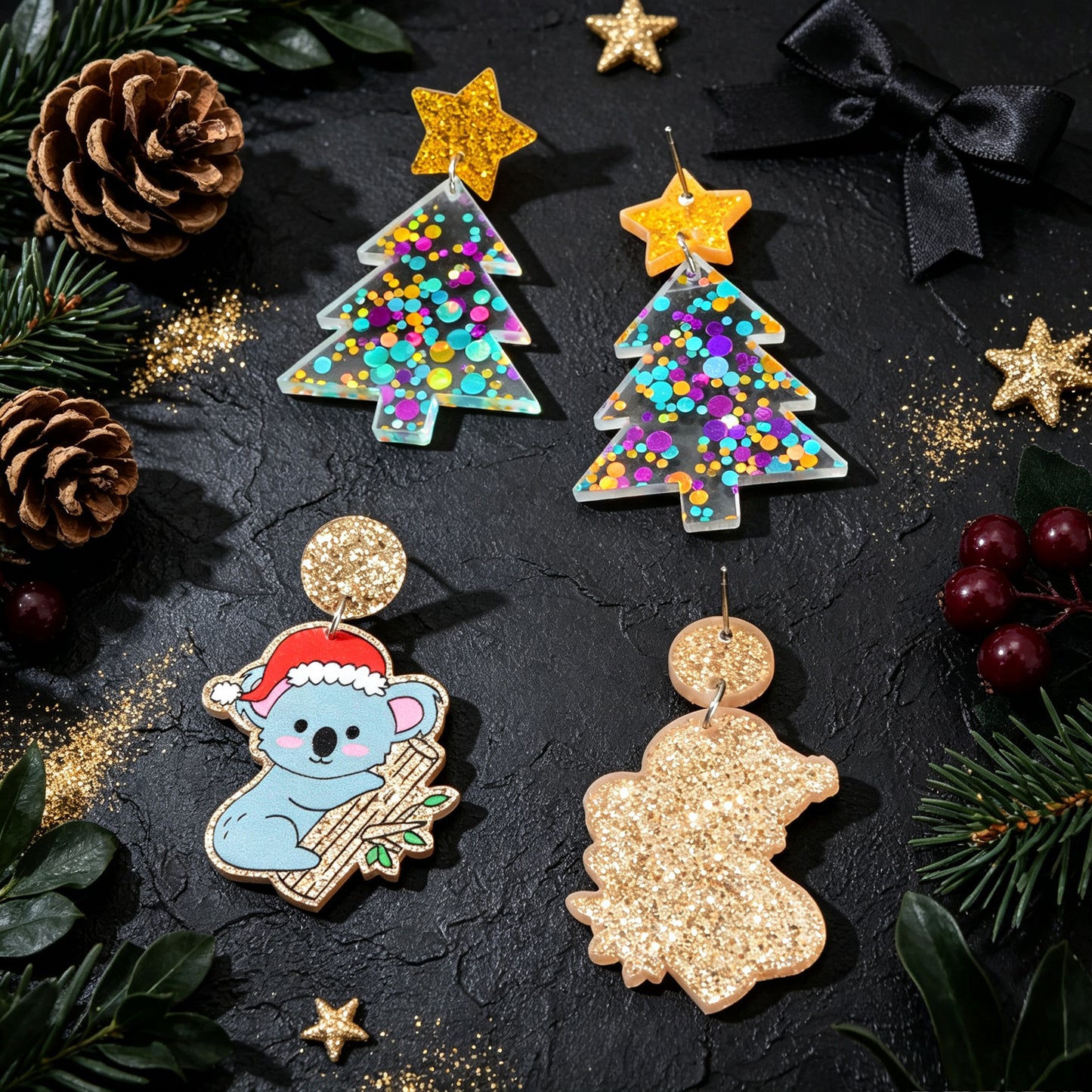 2 pairs Cartoon Christmas Tree Koala Drop Earrings Lovely Holiday Party Jewelry