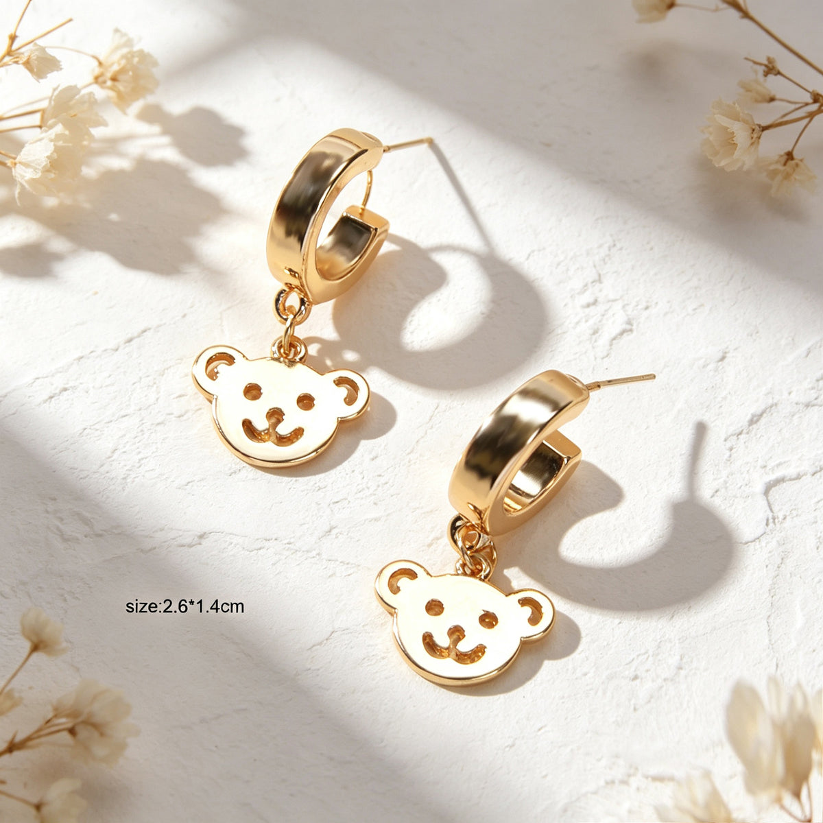 Gold Bear Hoop Drop Earrings Women Cartoon Stud Cute Gift Teens Textured Jewelry