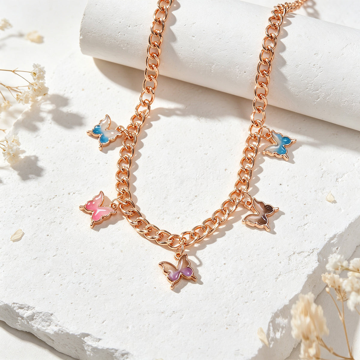 Y2K Gold Cuban Chain Colorful Butterfly Pendant Necklace Cool Statement Jewelry