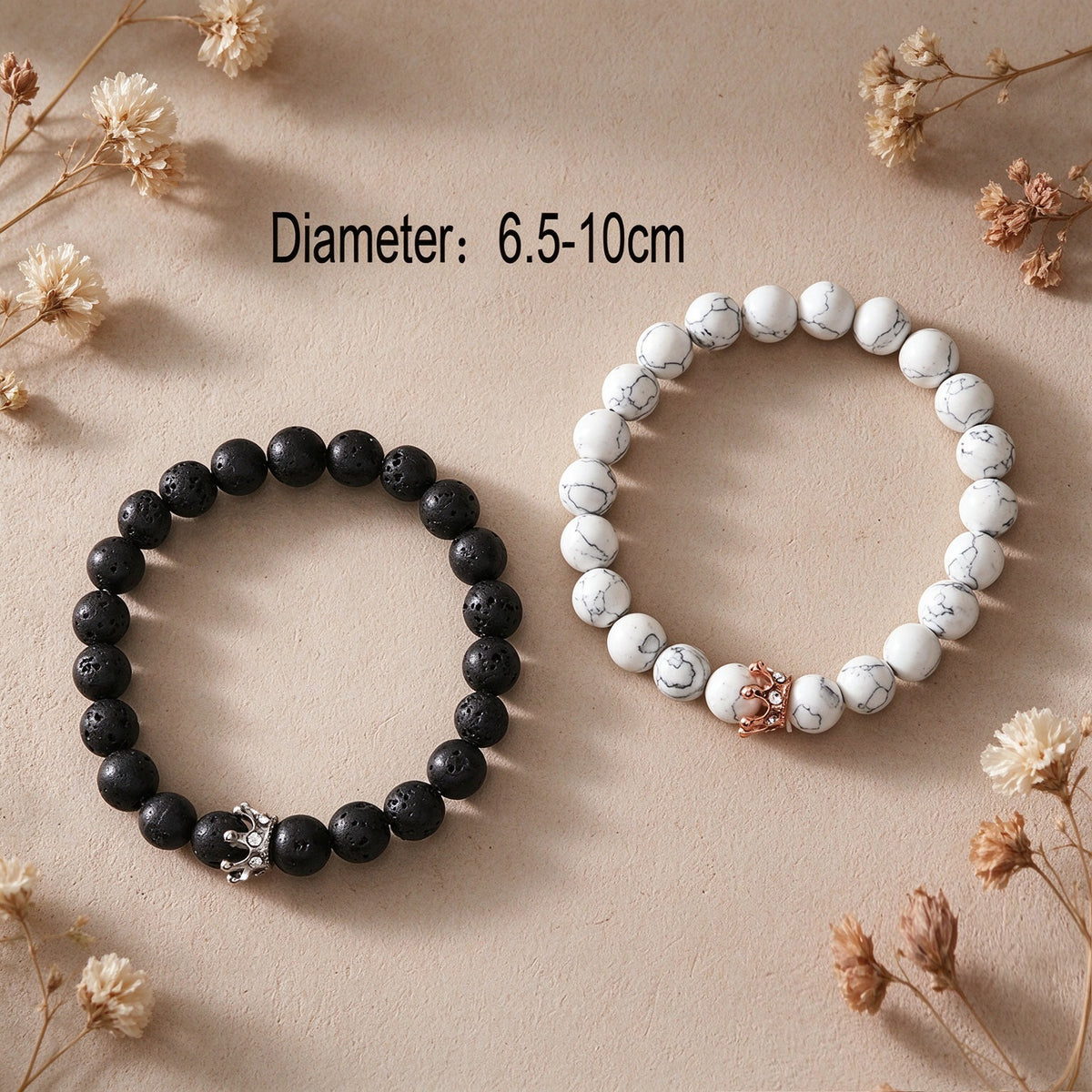 2pcs Crown Decor Black White Beaded Elastic Stackable Bracelet Couple Jewellery