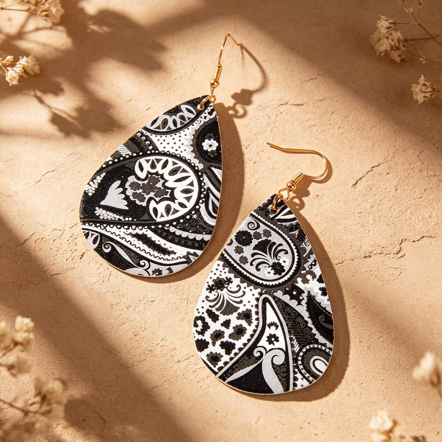 Boho Black White Paisley Pattern Water Drop PU Leather Dangle Earrings Beach Vacation Jewelry