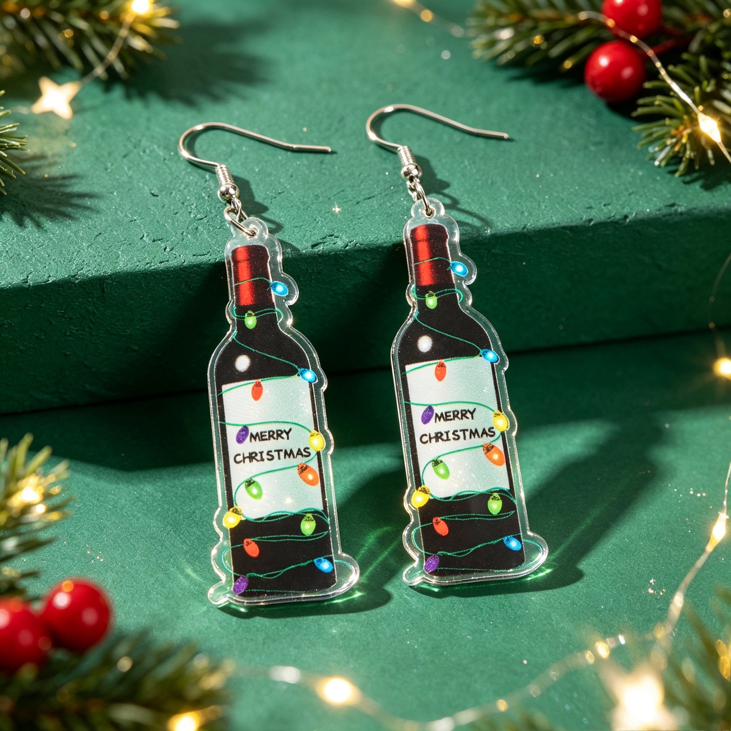 Colorful Light Decor Wine Bottle Dangle Earrings Christmas Festival Party Bar Fashion Jewelry