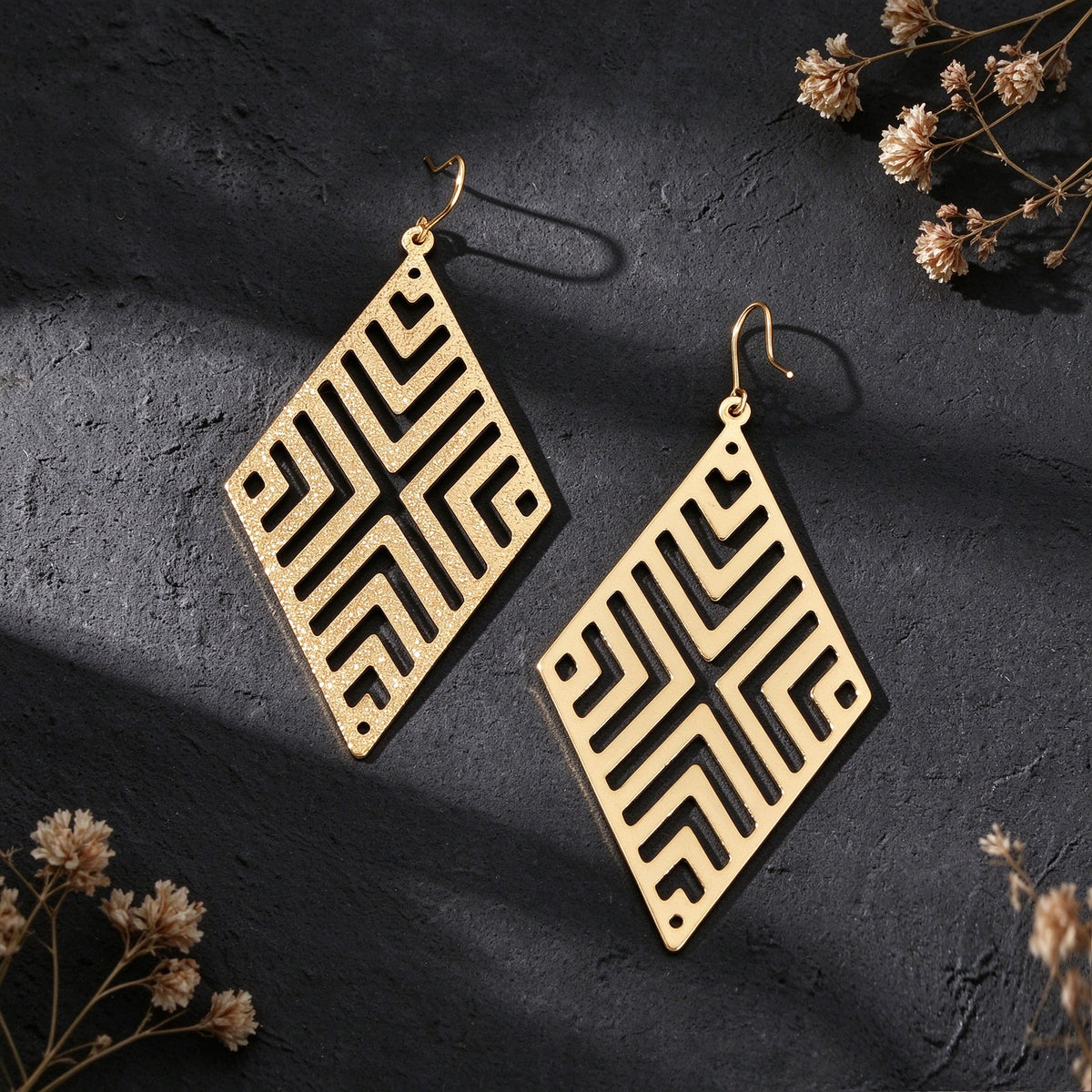 Rhombus Hollow Geometric Large Dangle Earring Black Silver Gold Vacation Jewelry